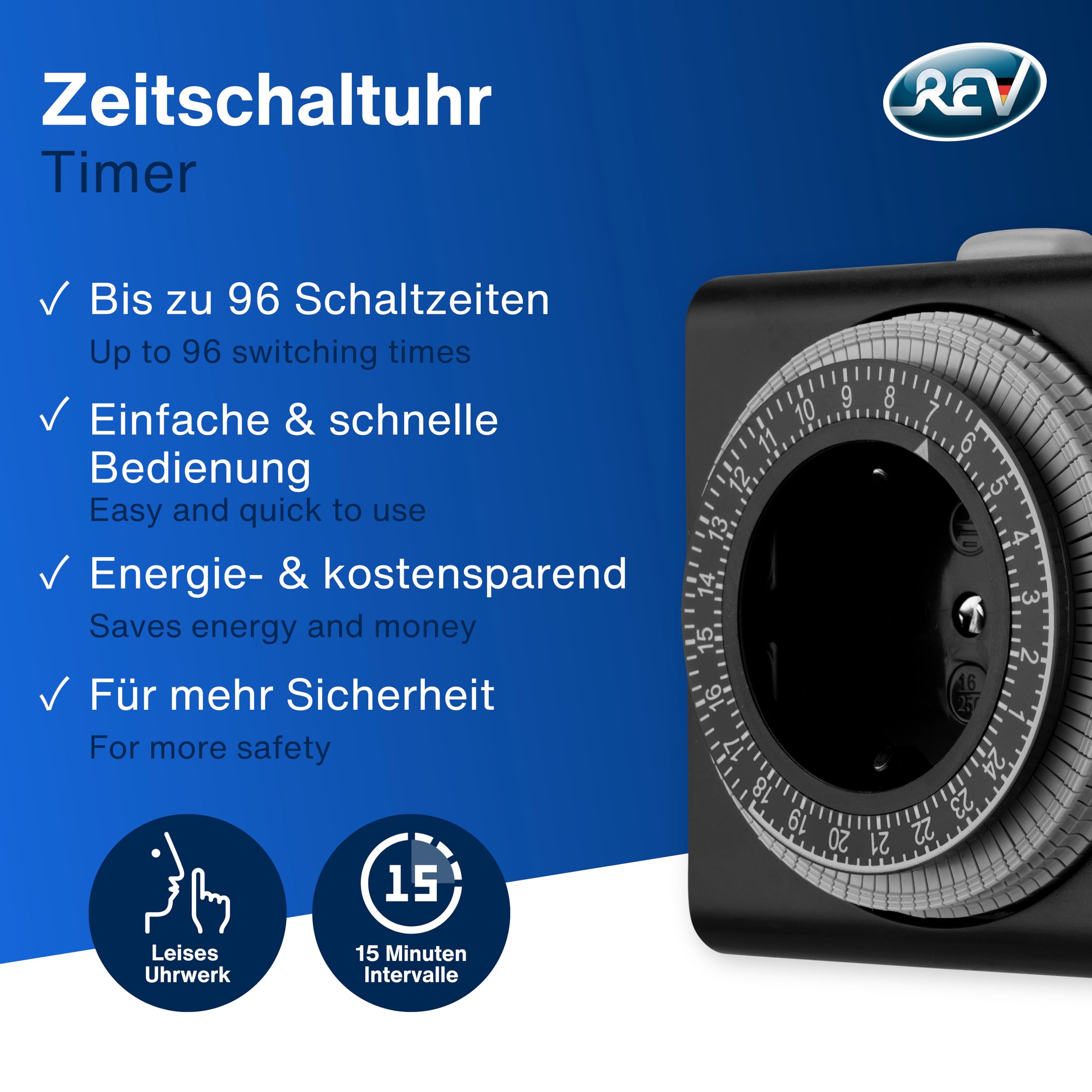 REV Timer presa – 24 ore formato 96 tempi a 15 minuti – presa timer meccanica, 230 VAC, max. 16 A/3680 W, antracite
