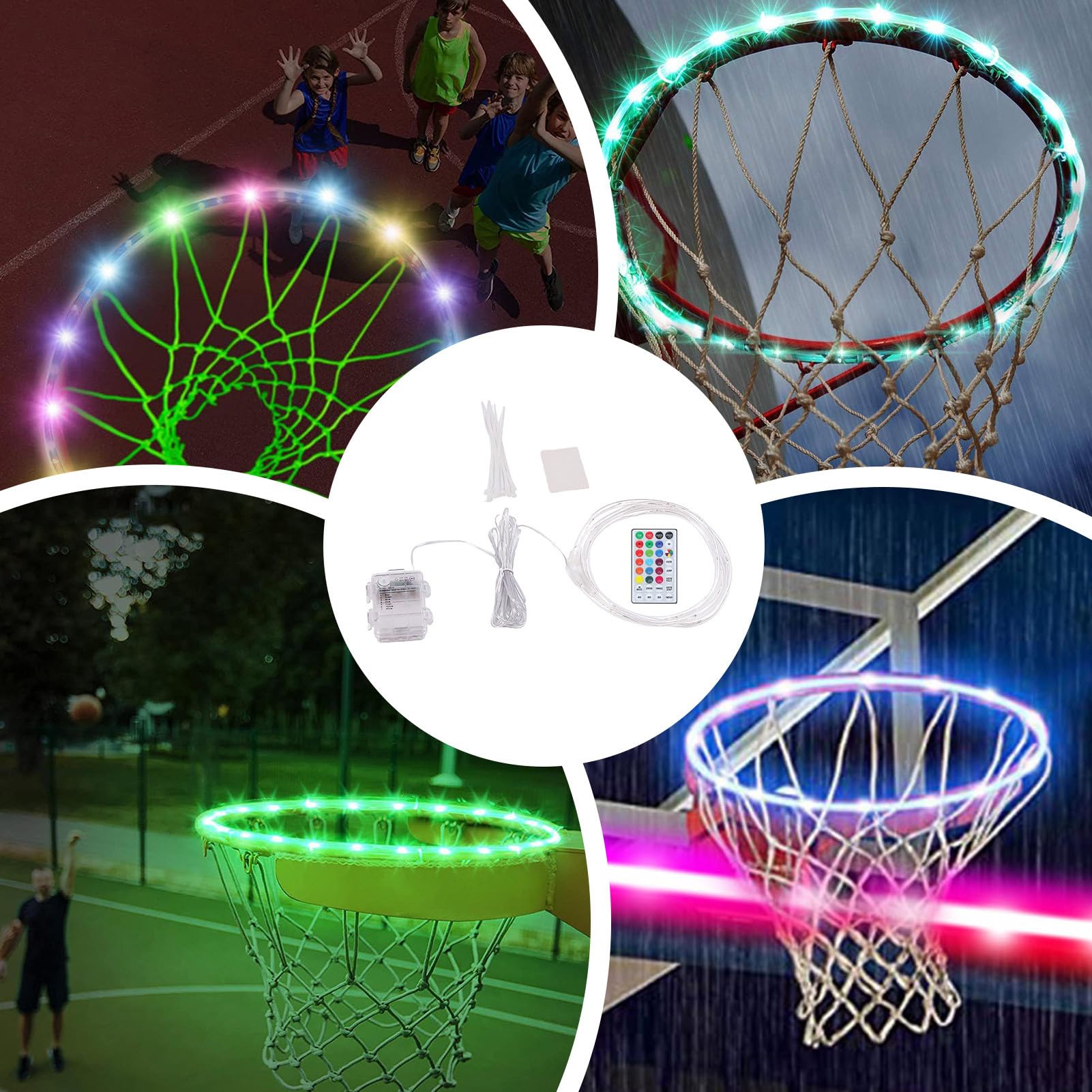 Luz LED para canasta de baloncesto, aro de baloncesto iluminado | 16 luces LED para borde con mando a distancia con cambio de color | Resistente al agua, mando a distancia, ultra brillante, 4 modos