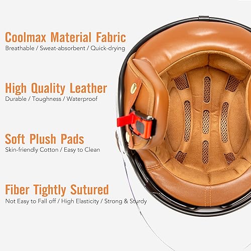 Miniatura 4 de Pretoee Casco de motocicleta de cara abierta, casco clásico retro 34 para adultos, mujeres y hombres, casco de motocicleta vintage de media cara con