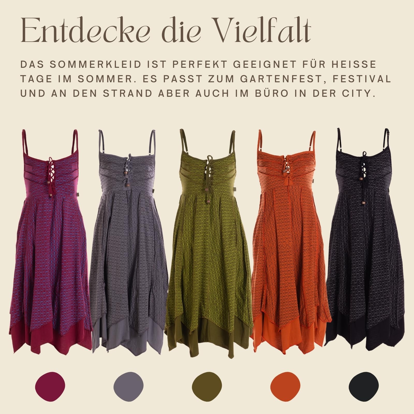 Vishes Damen Sommerkleid mit Spaghettiträgern I 100% Baumwolle I Stylisches Sommerkleid für Freizeit & Alltag I Nachhaltige Alternative Bekleidung