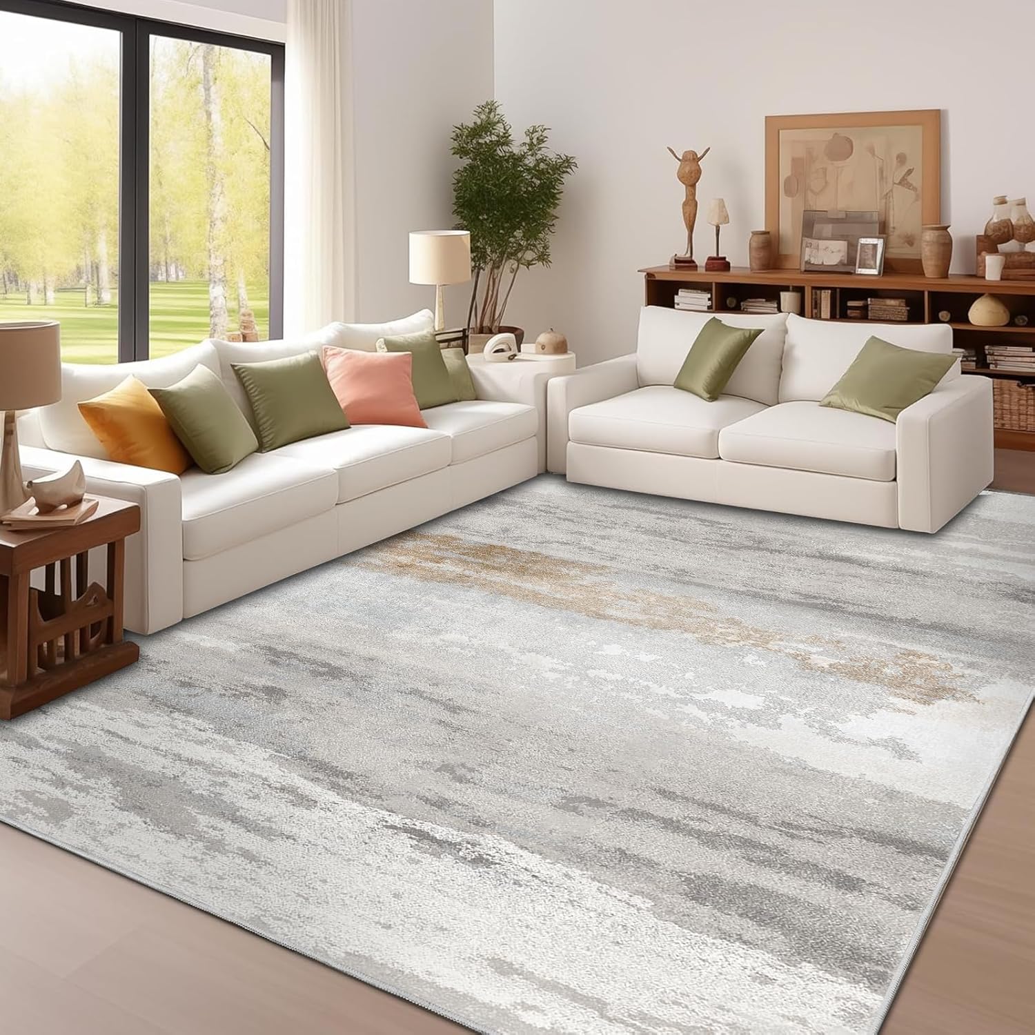 Enkor Area Rugs 9x12 Washable Non Slip Abstract Soft Rugs for Living Room Bedroom, Modern Mat for Kitchen Entryway Brown & White