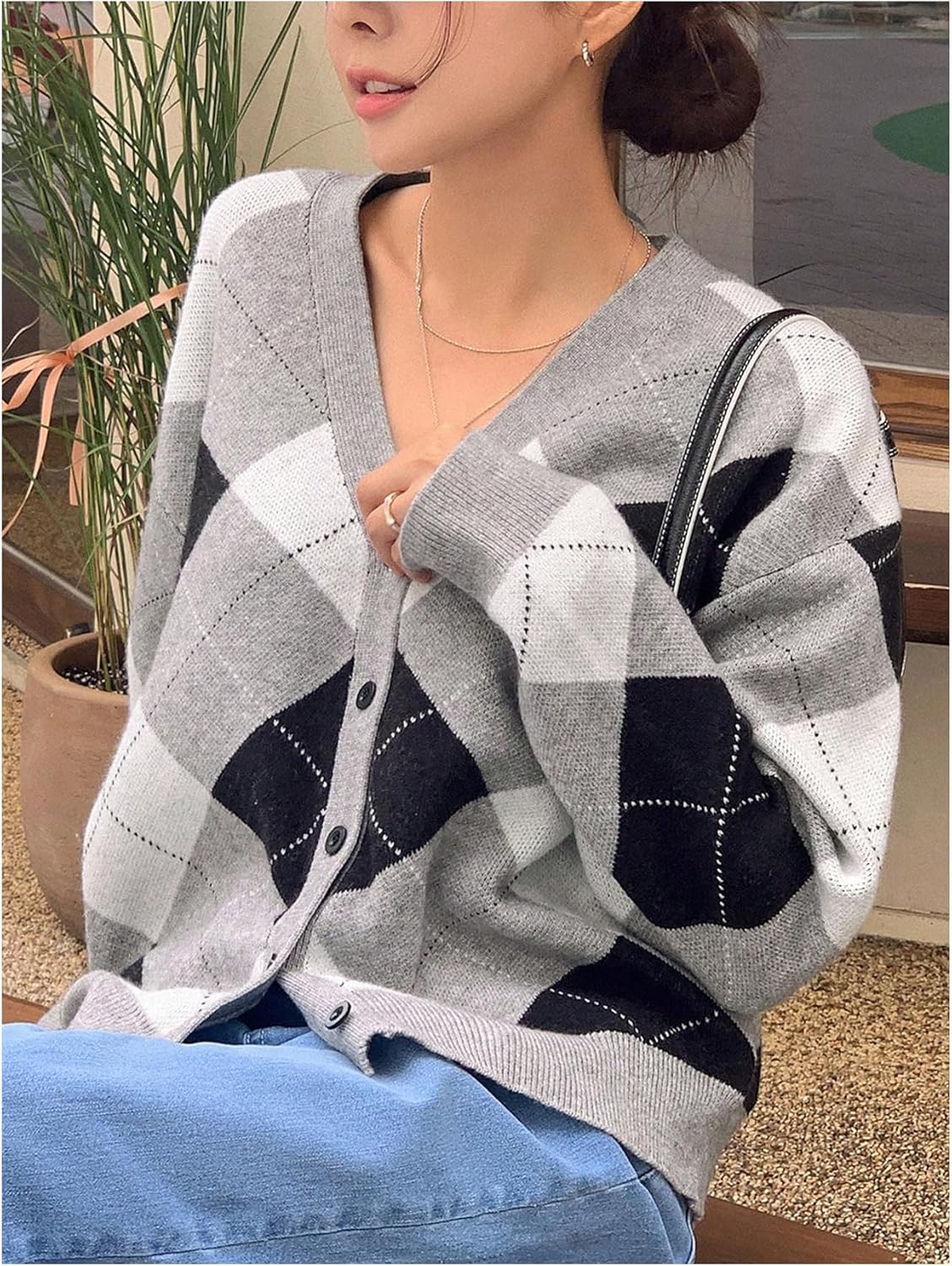 SOLY HUX Women's Argyle Cardigan Sweater Plaid V Neck Button Down Long Sleeve Casual Cardigans - Image 5