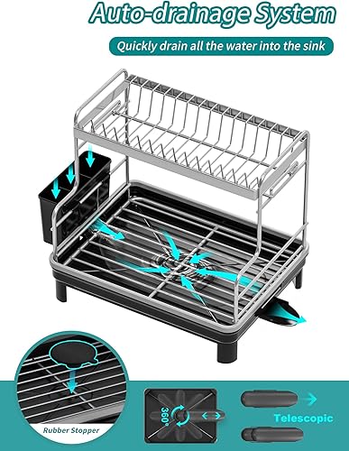 Miniatura 4 de Escurridor de platos, escurridor de platos para encimera de cocina, escurridor de platos antioxidante con boquilla giratoria de 360, soporte para