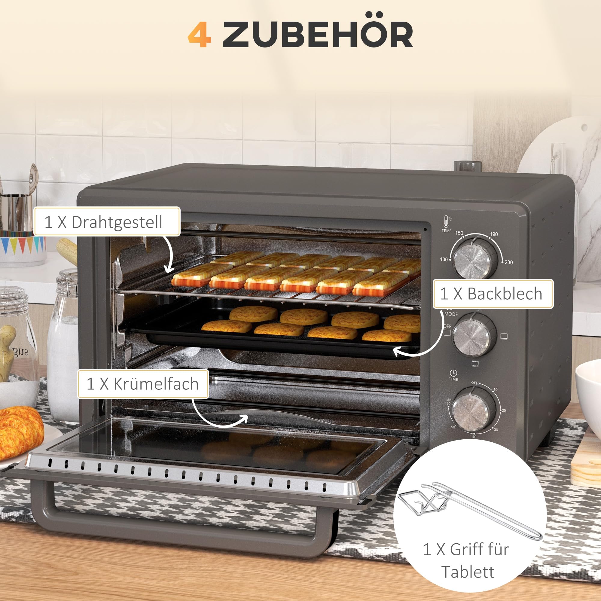 HOMCOM Mini piekarnik 21 l, 1400 W, timer 60 min, mały piekarnik z regulacją temperatury 100 °C-230°C, czas gotowania, mini piekarnik z blachą do pieczenia, stelaż z drutu, piec stołowy z metalu