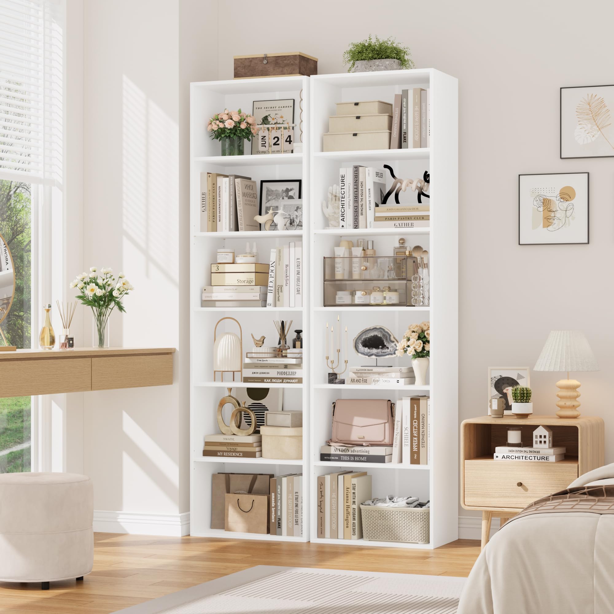 FirFurd 190,5 cm Bücherregal, Regal mit 6 Fächern, Bücherschrank, Kallax Regal, Würfelregal, Standregal, Aufbewahrungsregal, für Wohnzimmer Büro Schlafzimmer, 48x30x 190,5cm, weiß