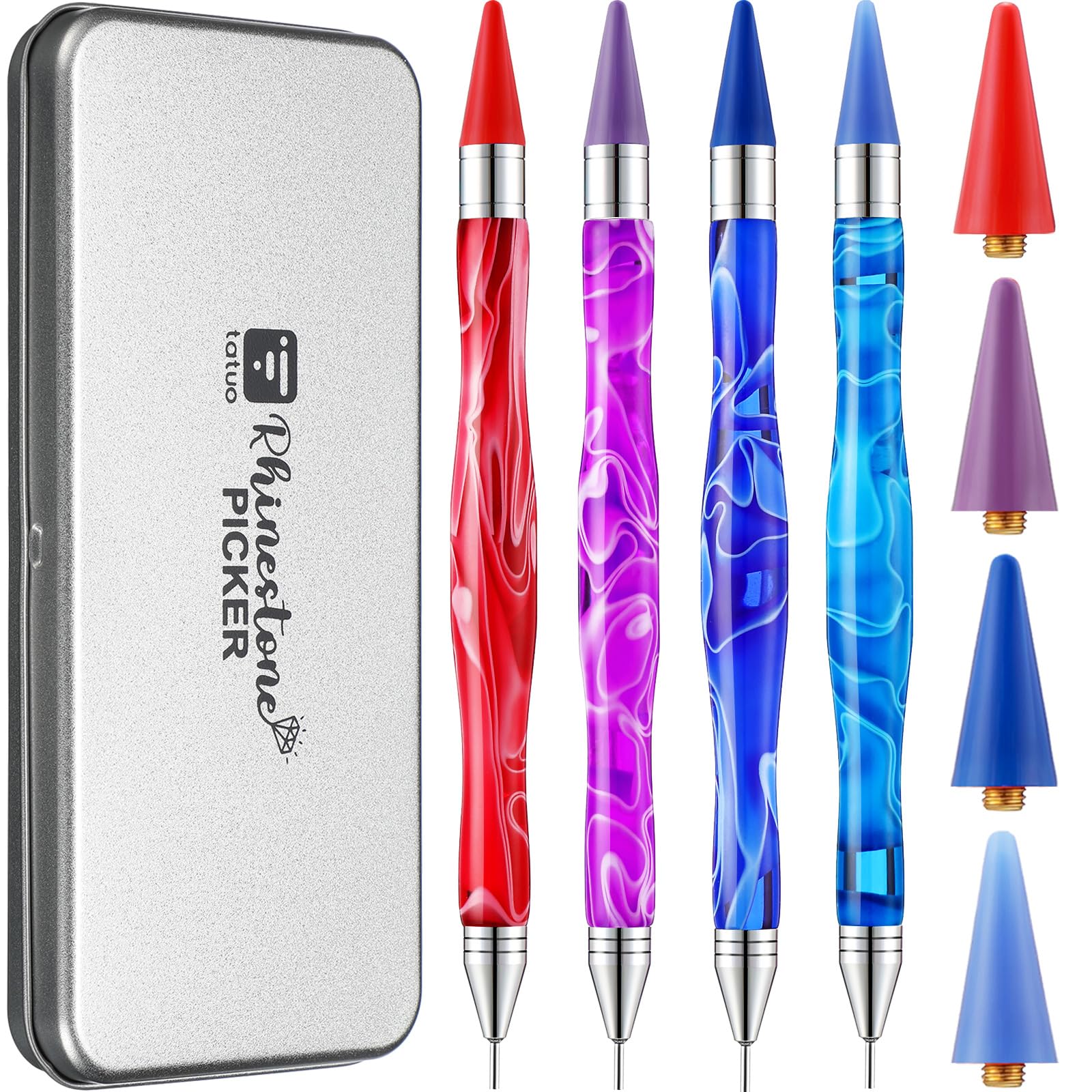 Tatuo 4 Pcs Dual Ended Nail Rhinestone Picker Tool Wax Tip Comfort Rhinestone Pen Tool Ergonomic Grip Dual End Pick Up DIY Dotting Pen for Nail Gems