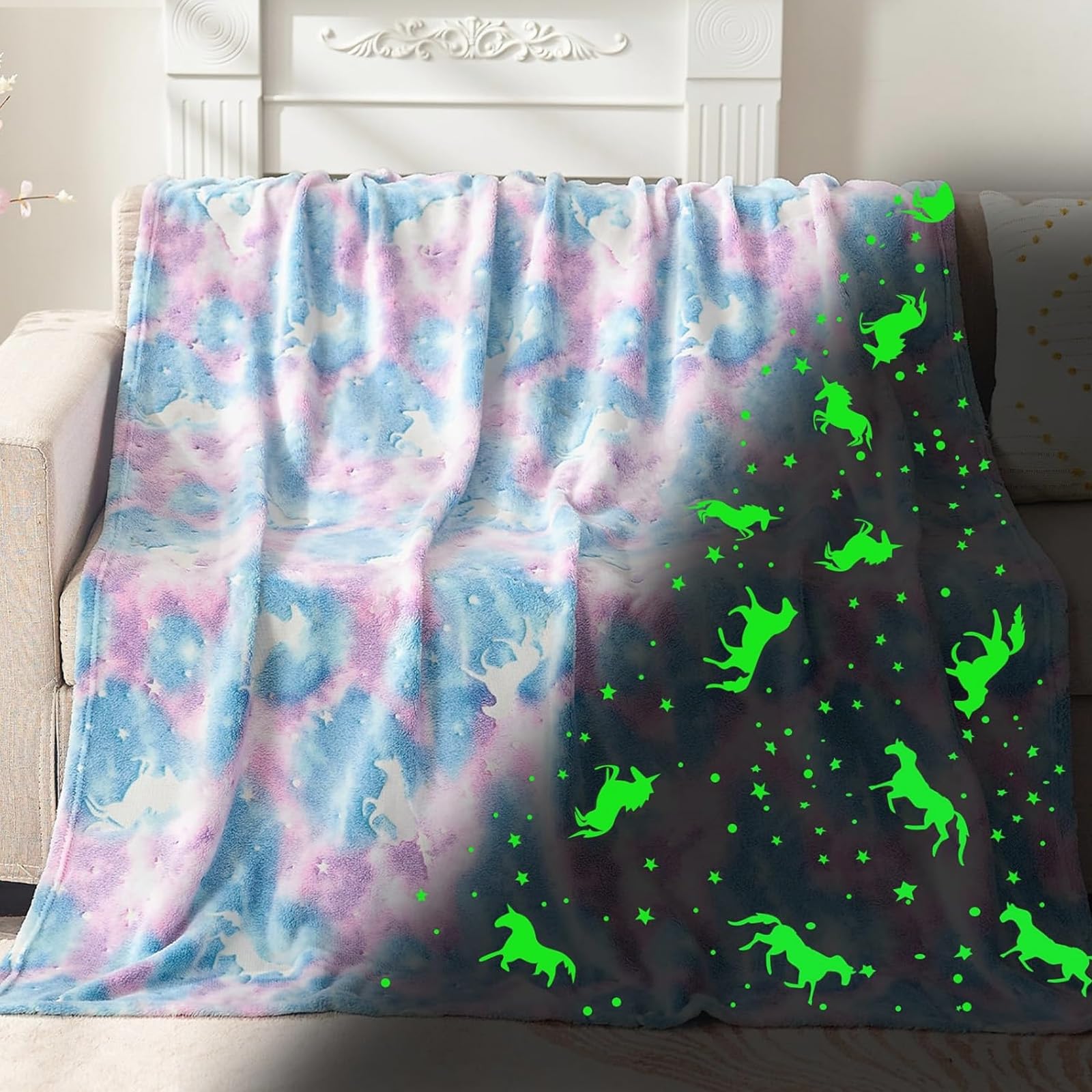 LXTOPN Decke Leuchtet im Dunkeln,Kinderdecke Einhorn Pattern,Kuscheldecke Leuchtende Decke für Kinder und Erwachsene Fluoreszierende
