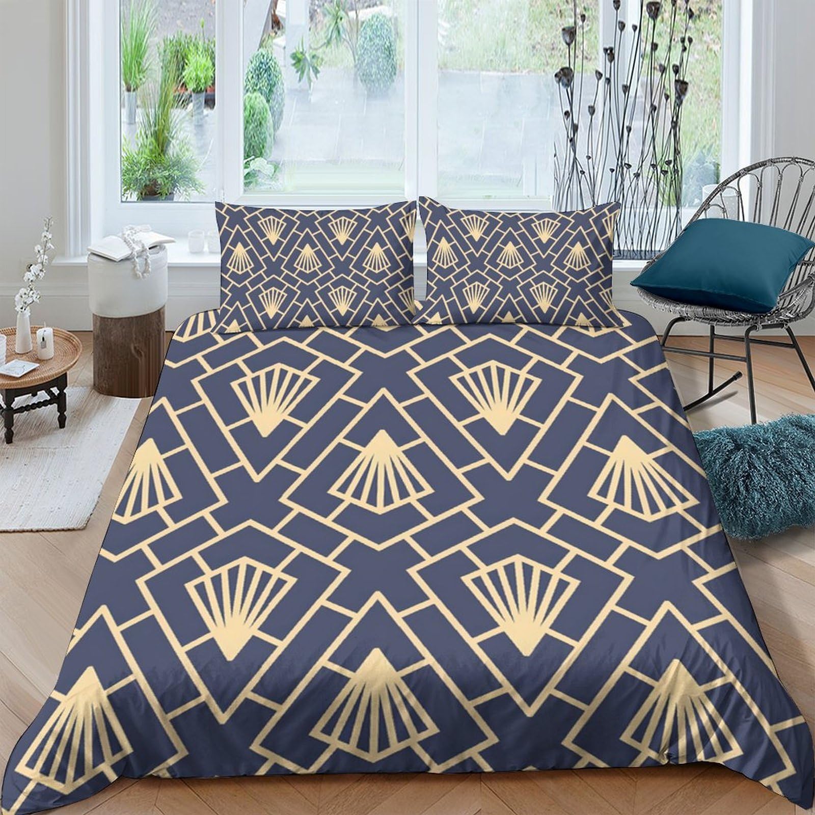 Ctjqhvkz Style-8 3D Printed Art Deco Geometric Fitted Sheet Microfiber Soft Gold Blue Fan Bed Cover Bedroom Decor Dustproof Single（135X200cm）