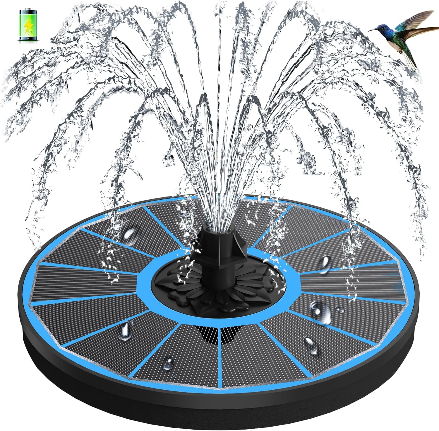 3.5W Solar Fountain with Battery - Work On Cloudy Days - Upgrade Glass Panel Solar Bird Bath Fountain, Hummingbird Water Feature Pump with 7 Nozzles, 4 Fixed Pipes for Garden, Pool, Pond