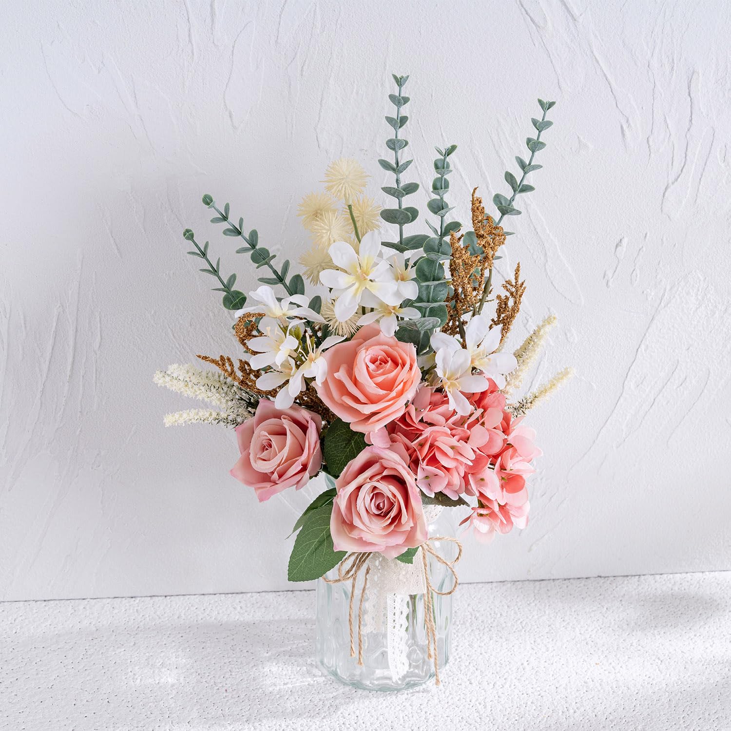 Yorkmills Artificial Pink Hydrangea with Vase for Home Spring Decor Realistic Faux Roses for Indoor Centerpieces