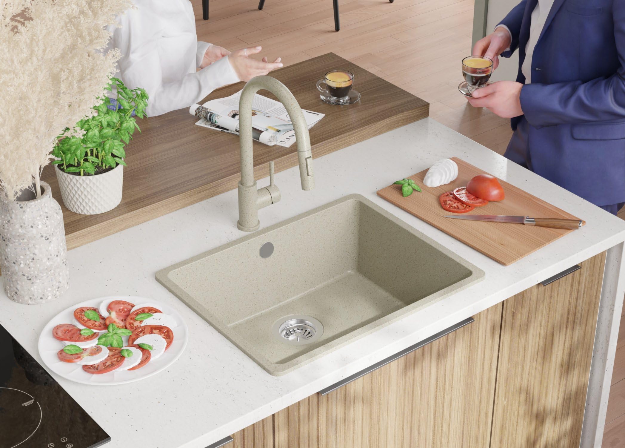 PRIMAGRAN Fregadero Cocina Todo Beige - Venecia Easy Slim, 56x44cm | Granito 1 Seno + Sifón, sobre Encimera al Mueble 60cm (S070)
