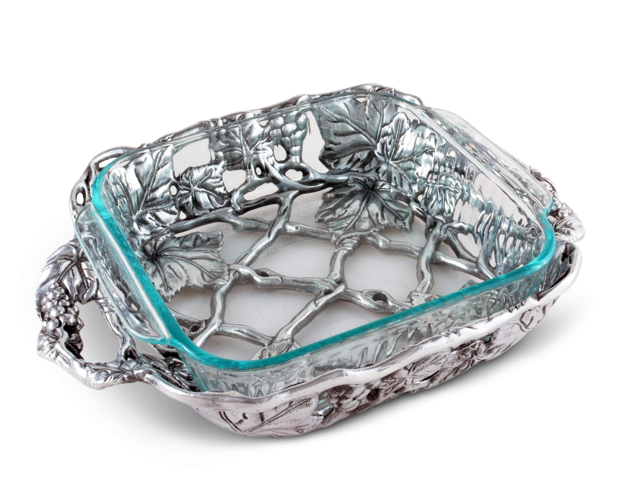Arthur Court Metal Pyrex Glass Casserole Dish Holder in Grape Pattern Sand Casted in Aluminum with Artisan Quality Hand Polished Design Tanish-Free 13.5 inch 2 quart capacity