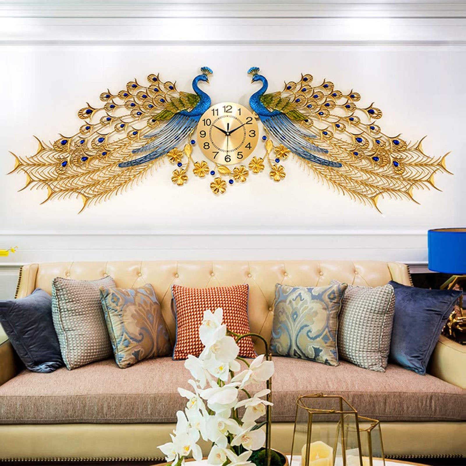 Crystal Double Headed Peacock Wall Clock - Metal Wall Art Clock, Silent Home Decorative Clock for Office, Living Room Hotel Decoration