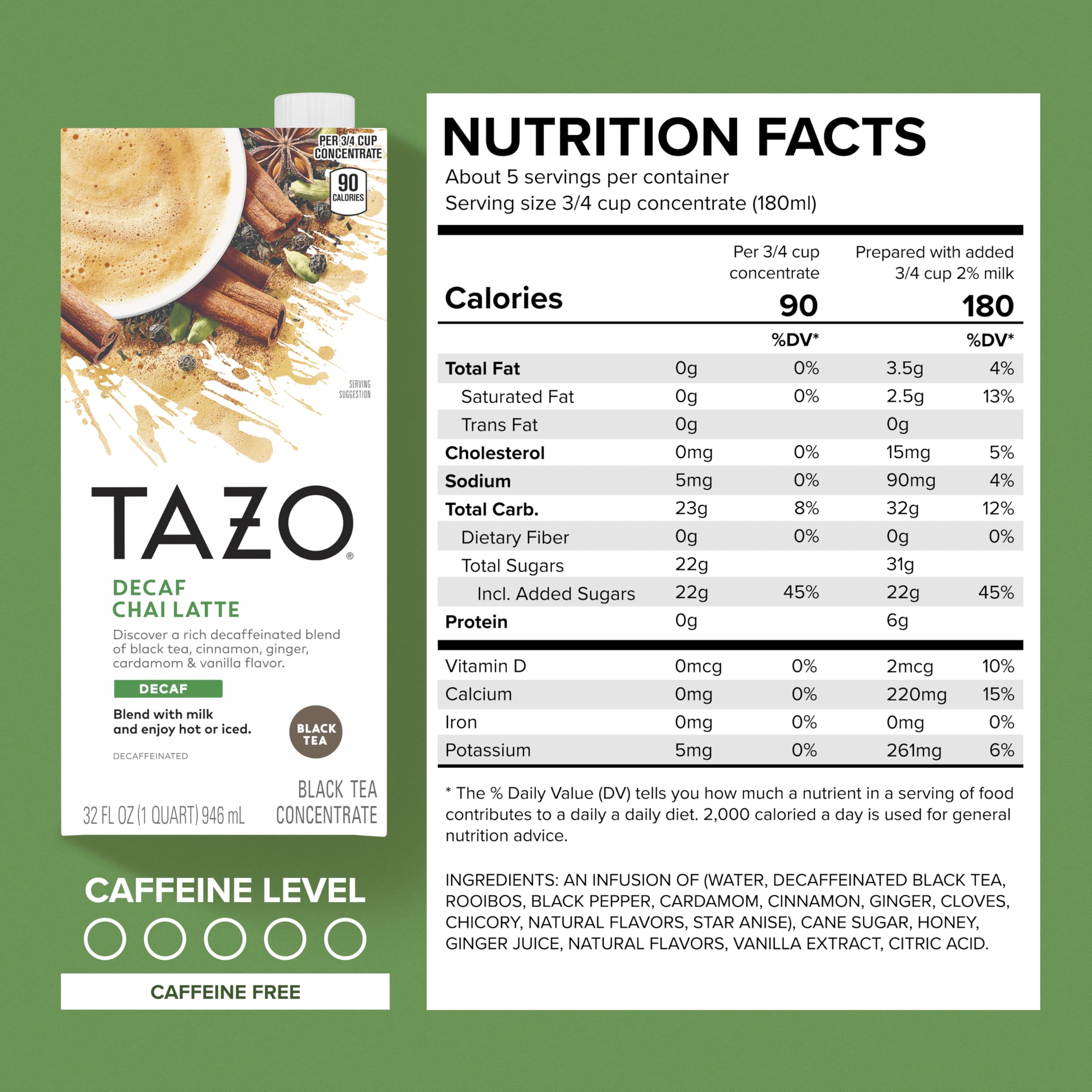 TAZO Decaf Chai Latte, Black Tea Concentrate, Easy-to-Serve Chai Tea for Everyday Lattes, Hot or Iced Tea and Mocktails, 32 oz Tea Mix Carton