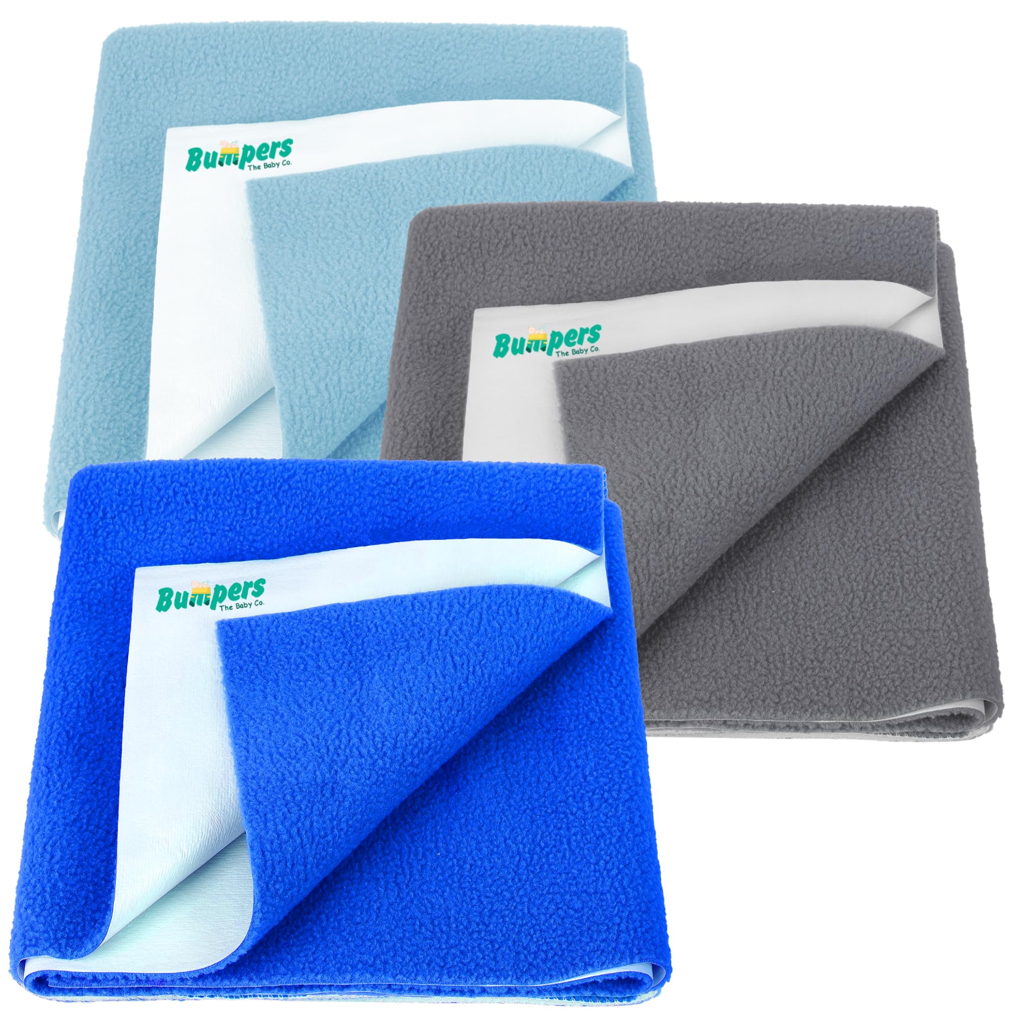 Bumpers Anti-Piling Quick Dry & Absorbent Sheet Polycotton Baby Bed Protecting Waterproof Mat (Royal Blue, Grey, Light Blue, Small (70 x 50cm), Pack of 3)