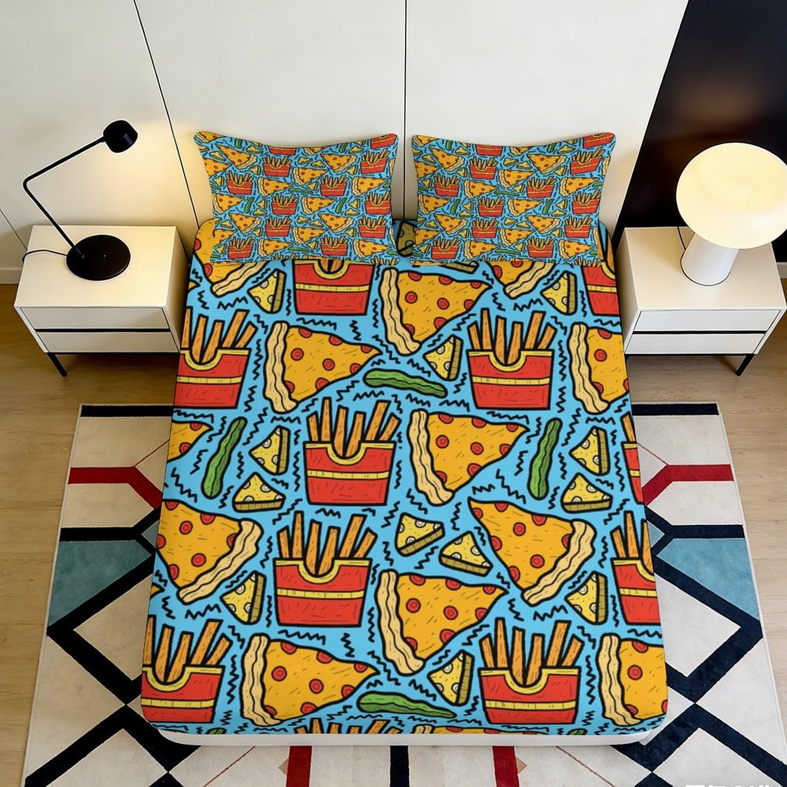 3D Printed Cartoon Pizza Fries Fitted Sheet Microfiber Soft Mattress Cover Blue Fun Bedroom Decor Protector 90x200x25cm