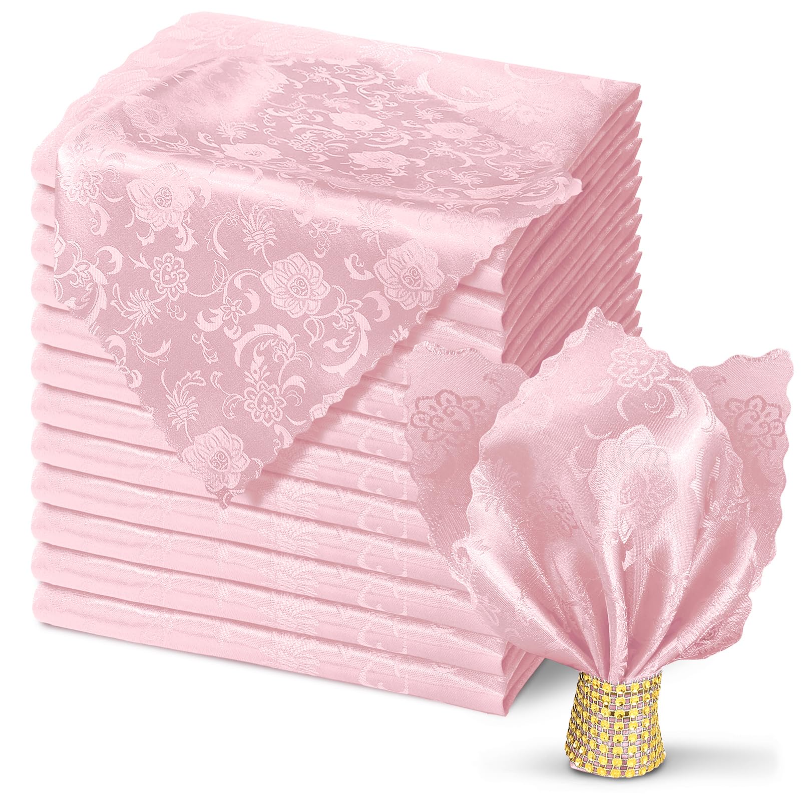 KKJIAF Light Pink Jacquard Satin Napkins (12 Pack, 17x17 Inches), Square Damask Silky Table Napkins for Wedding Banquet Party Restaurant Dinner Decoration