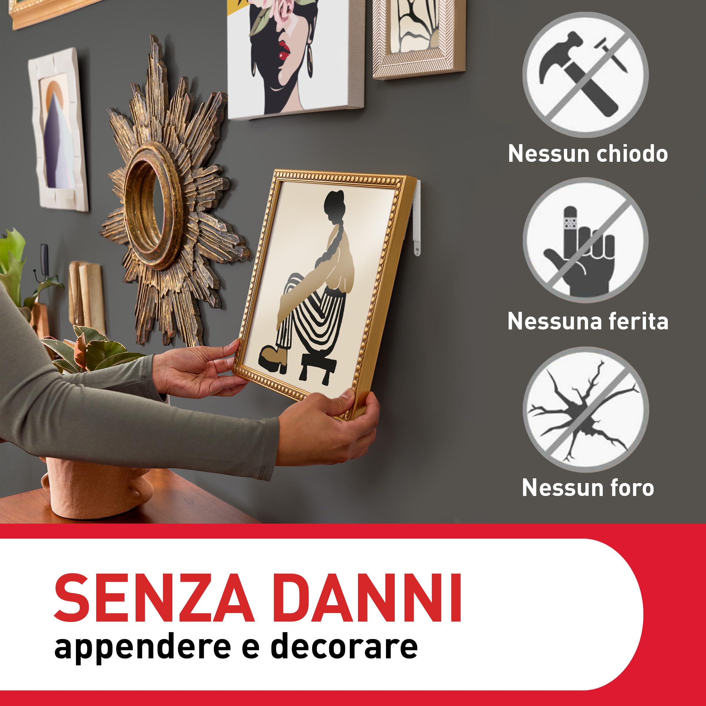 Command Strisce Appendi Quadri Adesive Bianche, 12 Coppie (4 Piccole S + 8 Medie M), per Appendere Quadri, Cornici e Specchi al Muro Senza Chiodi