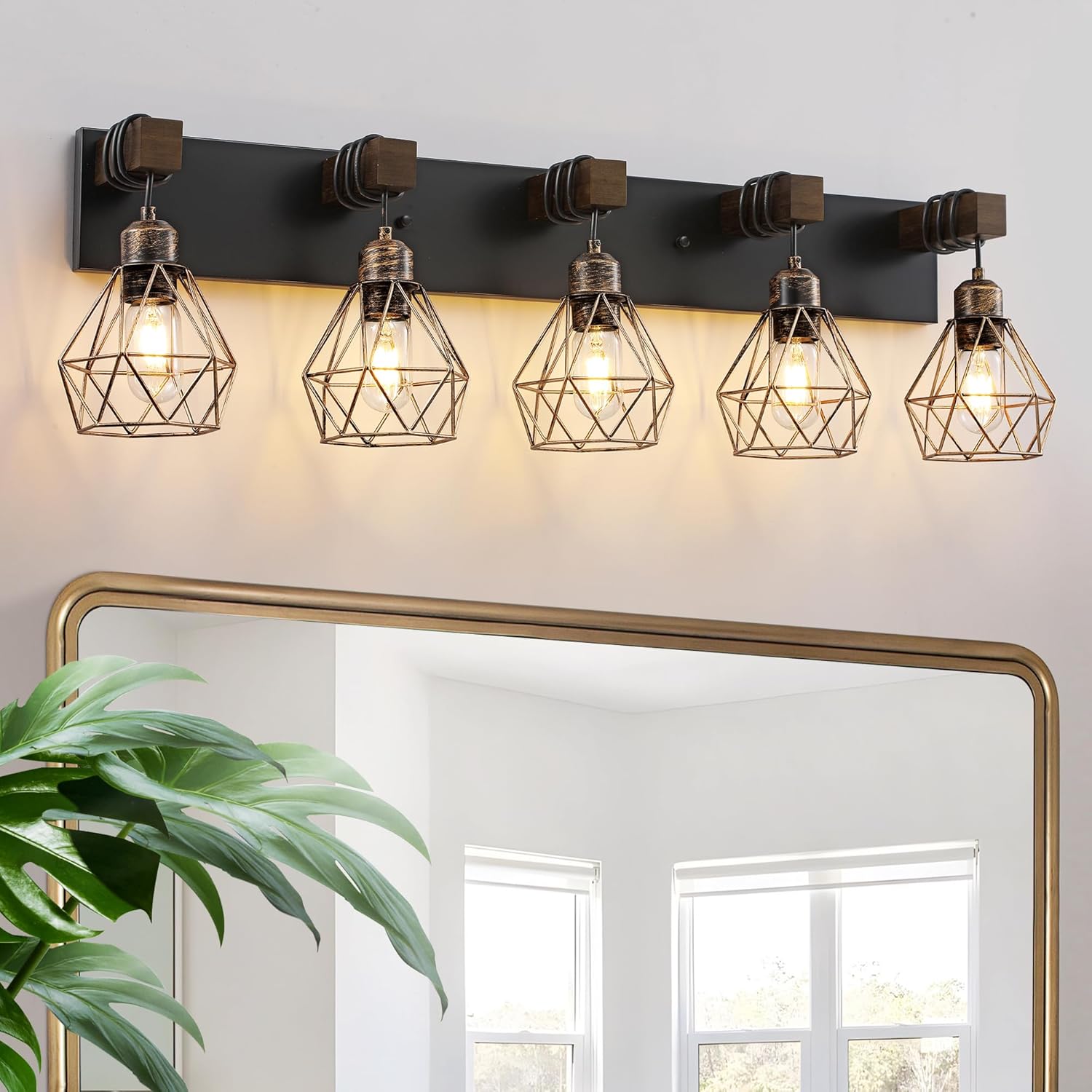 Farmhouse Bathroom Vanity Light Fixtures, 5-Light Wood Bathroom Light Fixtures Over Mirror, Rustic Sconces Wall Lighting with Elegant Metal Lampshade for Living Room, Bedroom, Hallway Black Gold 5 Lights