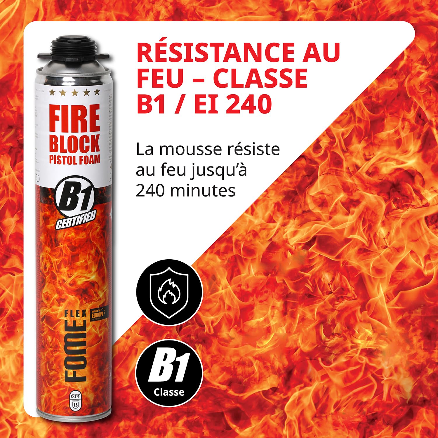 Mousse polyuréthane coupe-feu FOME FLEX Fire Block – pistolable, haute résistance, joints minéraux & métalliques – 12 x 750 ml, résistance au feu jusqu’à 240 min, étanchéité fumée & gaz