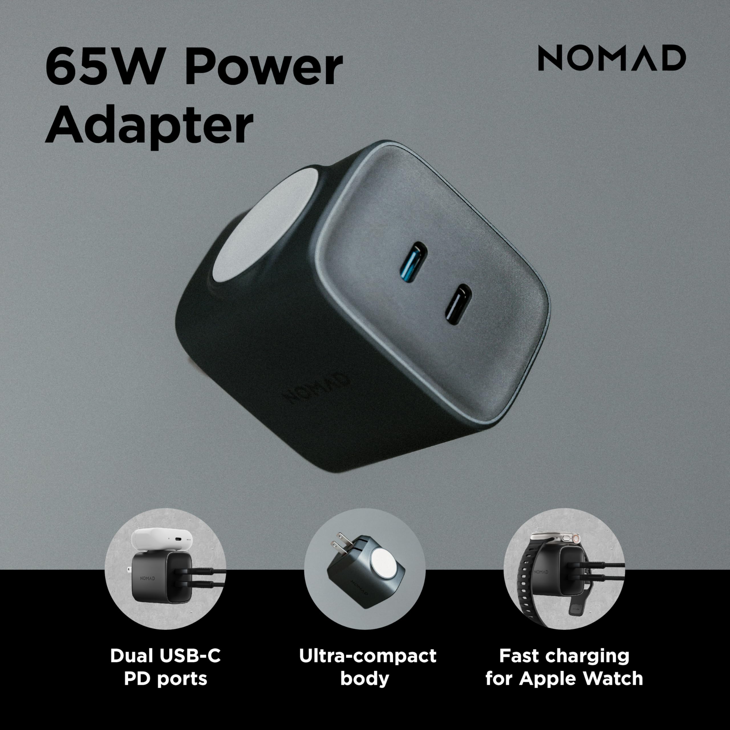 AC Adapter 3 in 1 Charging Solution - 65W Apple Watch Ultra 2 Charger Edition with Dual USB C Cable Ports, Fast Charge Ports and MFi Fast Charger, Apple Watch Charging Block