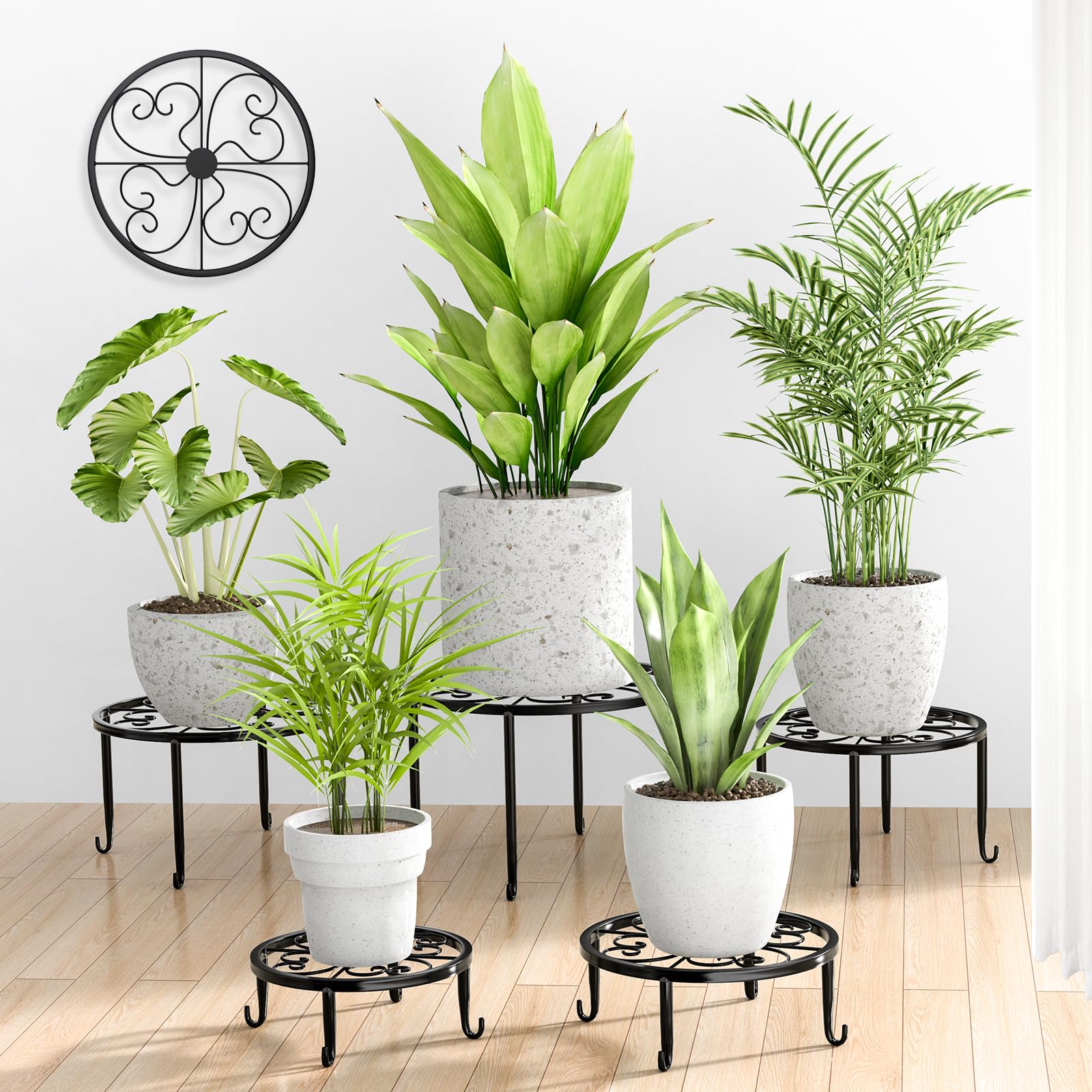 STLOVe® Blumenhocker, 5 Stück Pflanzenhocker Pflanzenständer Metall, Blumentopfständer Schwarz, Getränkespender Ständer, Balkon Kurzer Ständer für Garten Wohnkultur- Verschieden Höhe