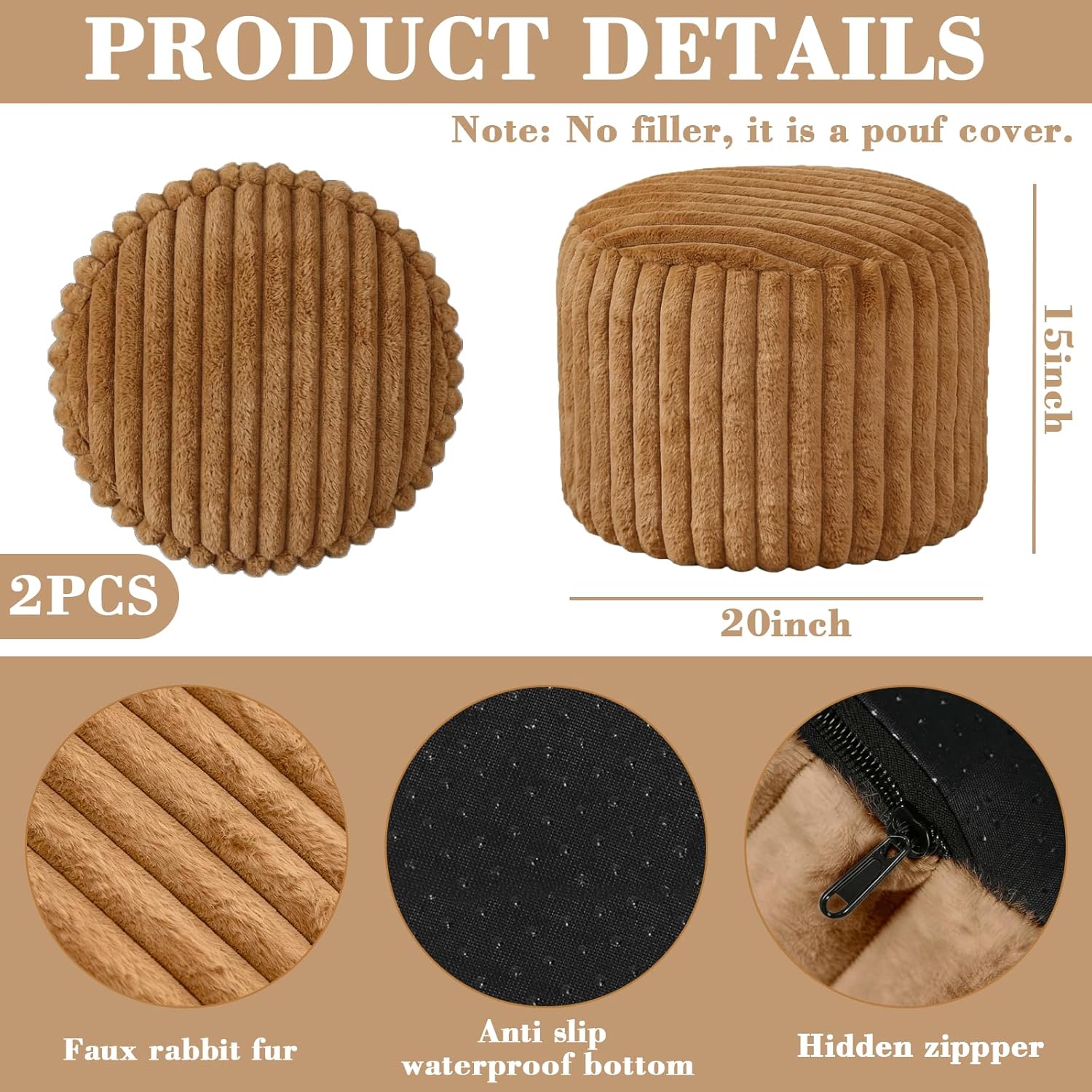 2 Pcs 20 x 15 Inch Unstuffed Pouf Cover Ottoman Foot Rest - No Filler, Faux Rabbit Fur Foot Stool Floor Bean Bag Floor Chair Storage for Home Decor Bedroom Living Room (Brown)