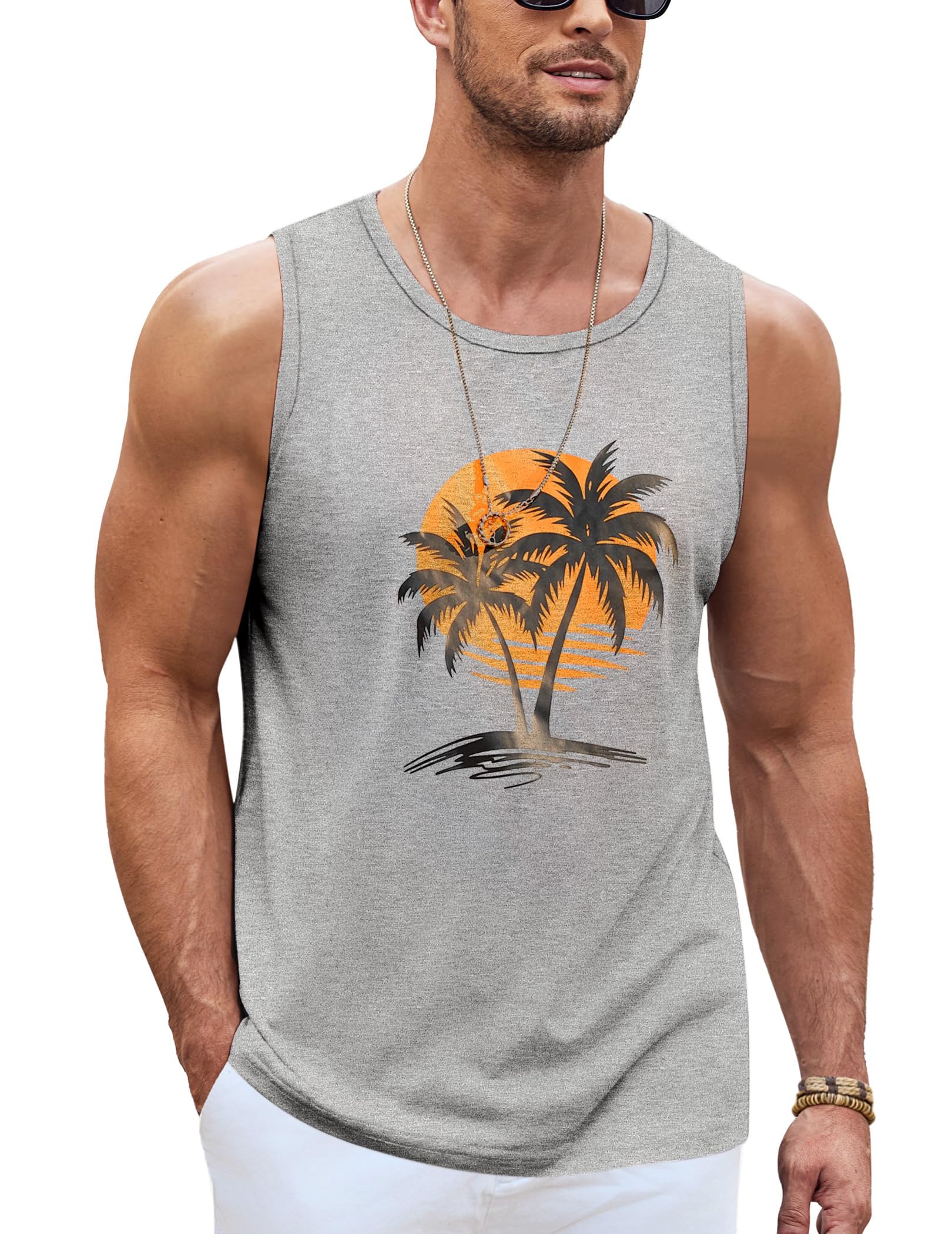 Terecey Débardeur Homme Coton Été Tee Shirt sans Manche à Imprimé Palmier de Plage Hawaïenne Tank Top Homme Respirant Debardeur Gilet Gym Décontracté