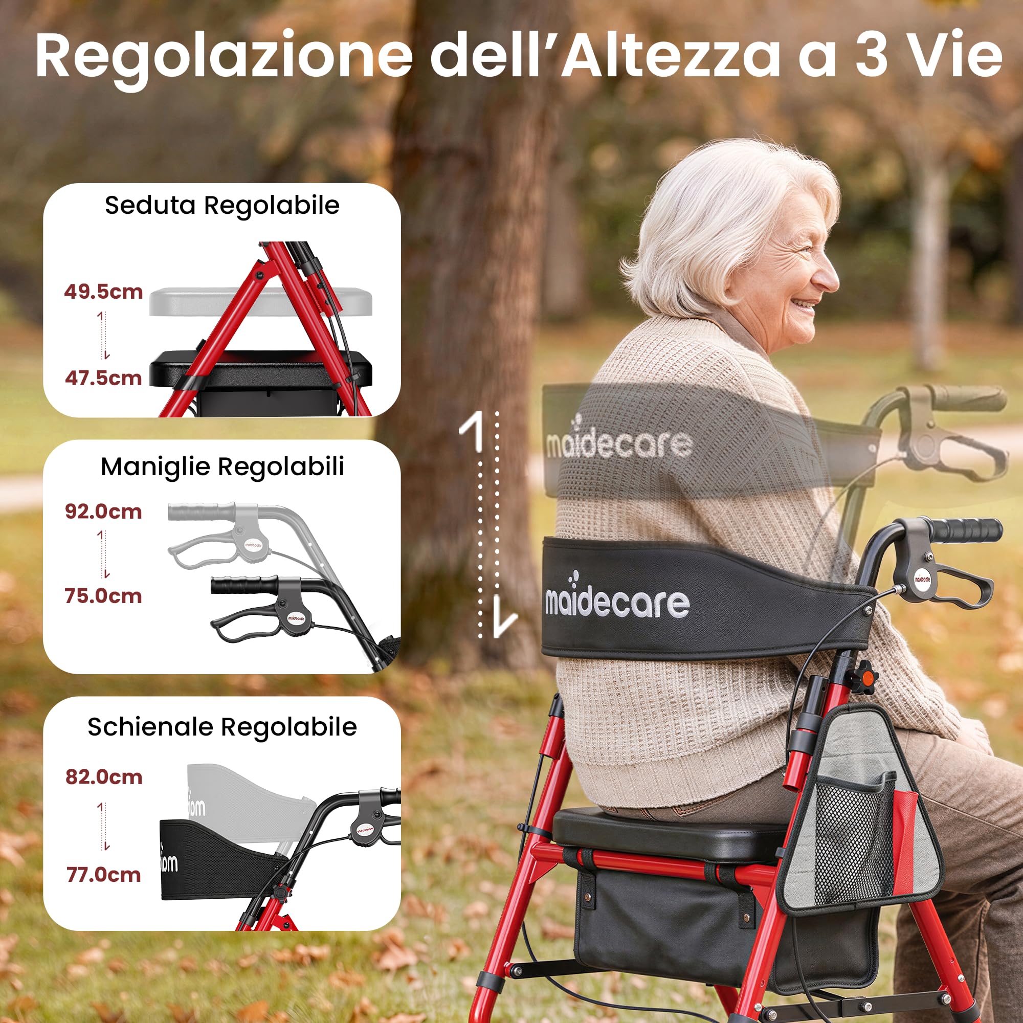 Deambulatore pieghevole e leggero con sedile, deambulatore sottile per casa, deambulatore per anziani, con sedile e maniglia regolabili in altezza, con freno, cestino rimovibile, rosso
