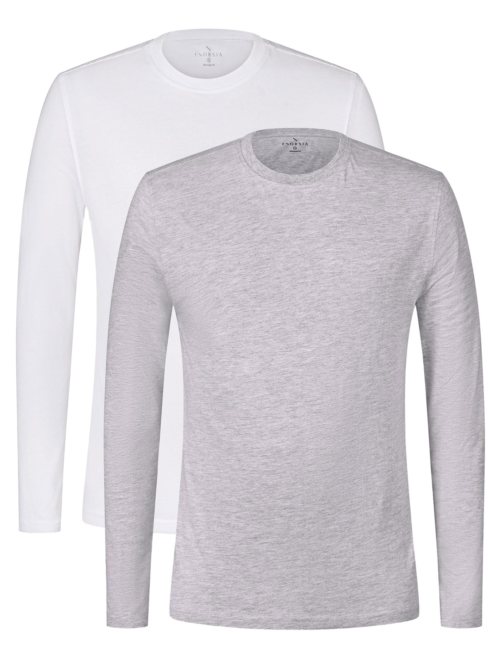Enorsia Mens Regular Fit Long Sleeve T-Shirt 2 Pack - Lightweight Cotton Jersey, Ribbed Crew Neck, Straight-Cut Hem, Versatile Casual & Dressy Wear (UK, Alpha, S, Regular, Regular, White/Grey)