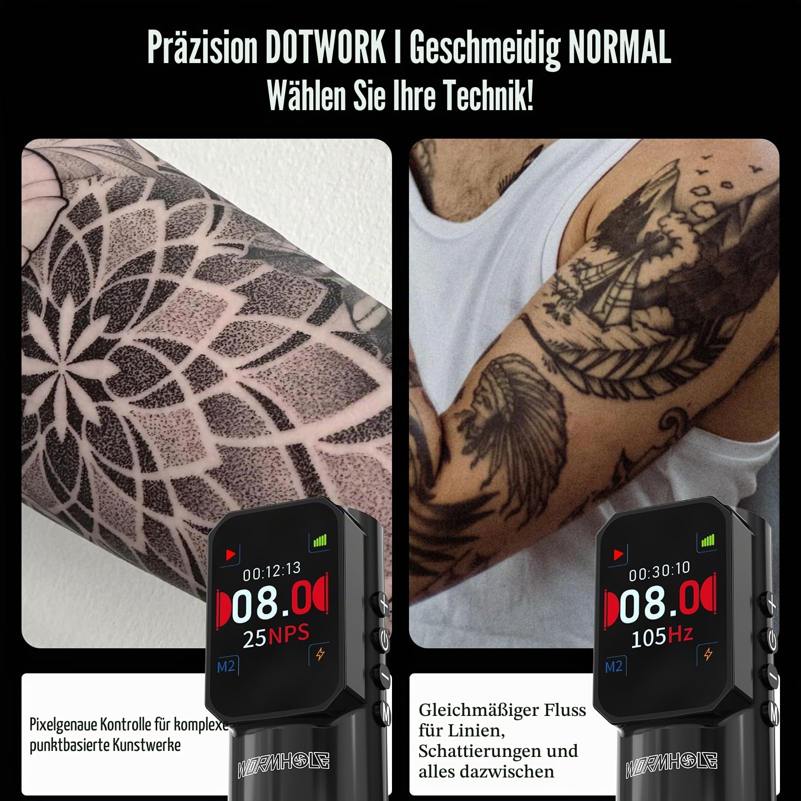 Wormhole Tattoo Maschine Set – Kabelloses Tattoo Set mit Tattoo Maschine, Jump-Start & Dotwork Modus, 1500mAh Akku, 20 Tattoo Nadeln, 10 Tattoo Farben – Komplett Tattoo Stifte Set für Anfänger