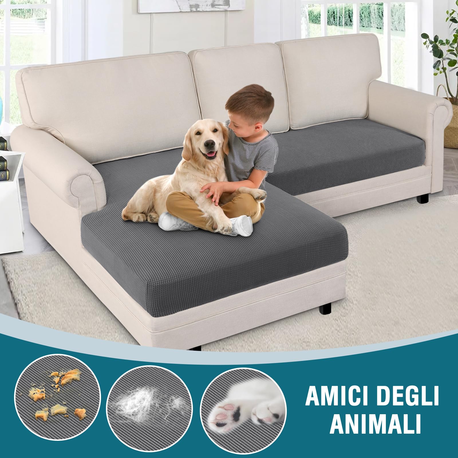 BellaHills Copridivano 2 Posti con Penisola, Copridivano Penisola Destra/Sinistra Universale Copri Divano, Copridivano Impermeabile Antigraffio (2 Posto + Chaiselongue, Grigio)