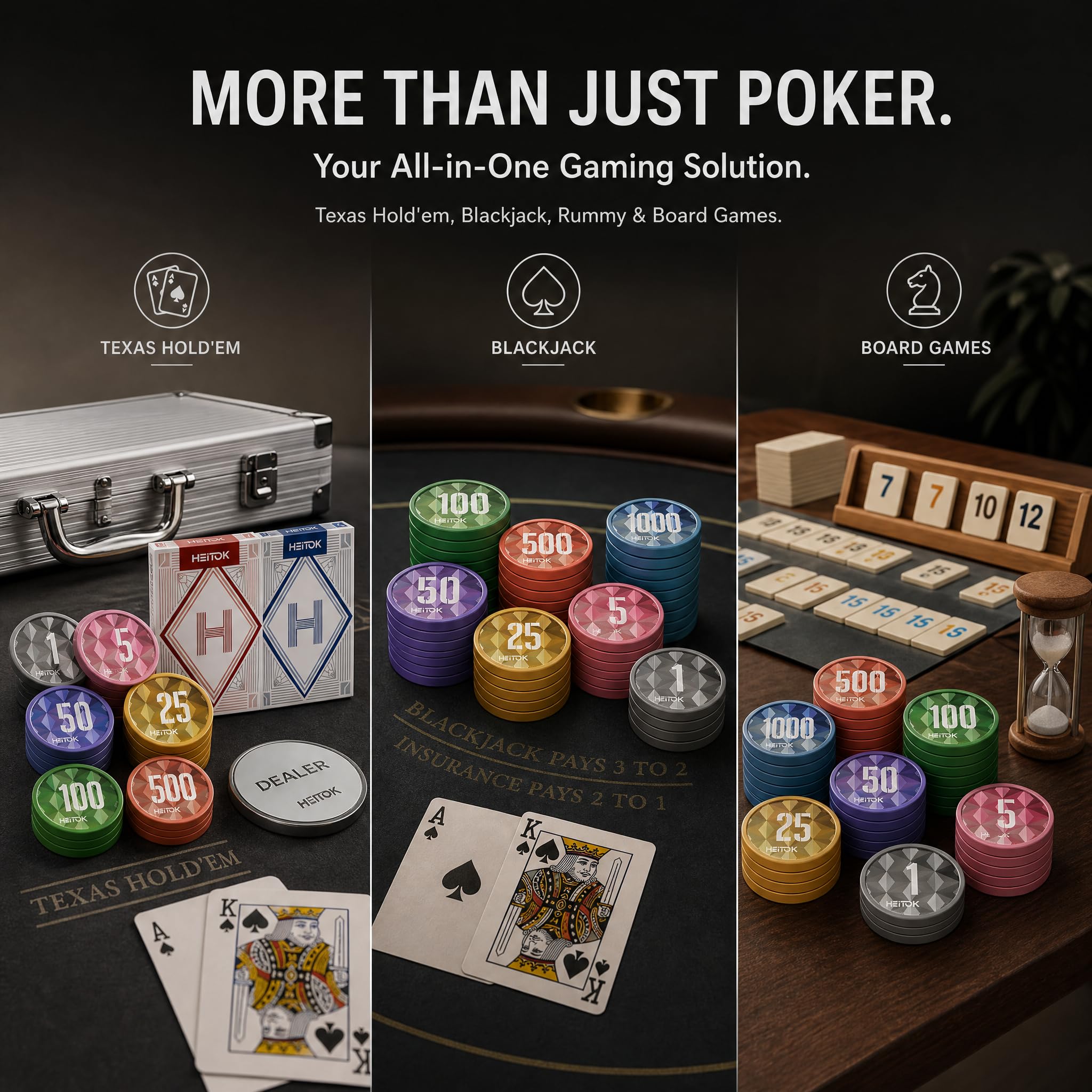 HEITOK Maletín de Póker 300 Fichas Numeradas 11.5g Peso Casino - Set Texas Hold'em con Estuche de Aluminio, Barajas, Dados y Botón Dealer de Metal para Noches de Juego Adultos | 11.5g, núcleo de hierro, valores numerados, 2-8 jugadores, maletín de alumini