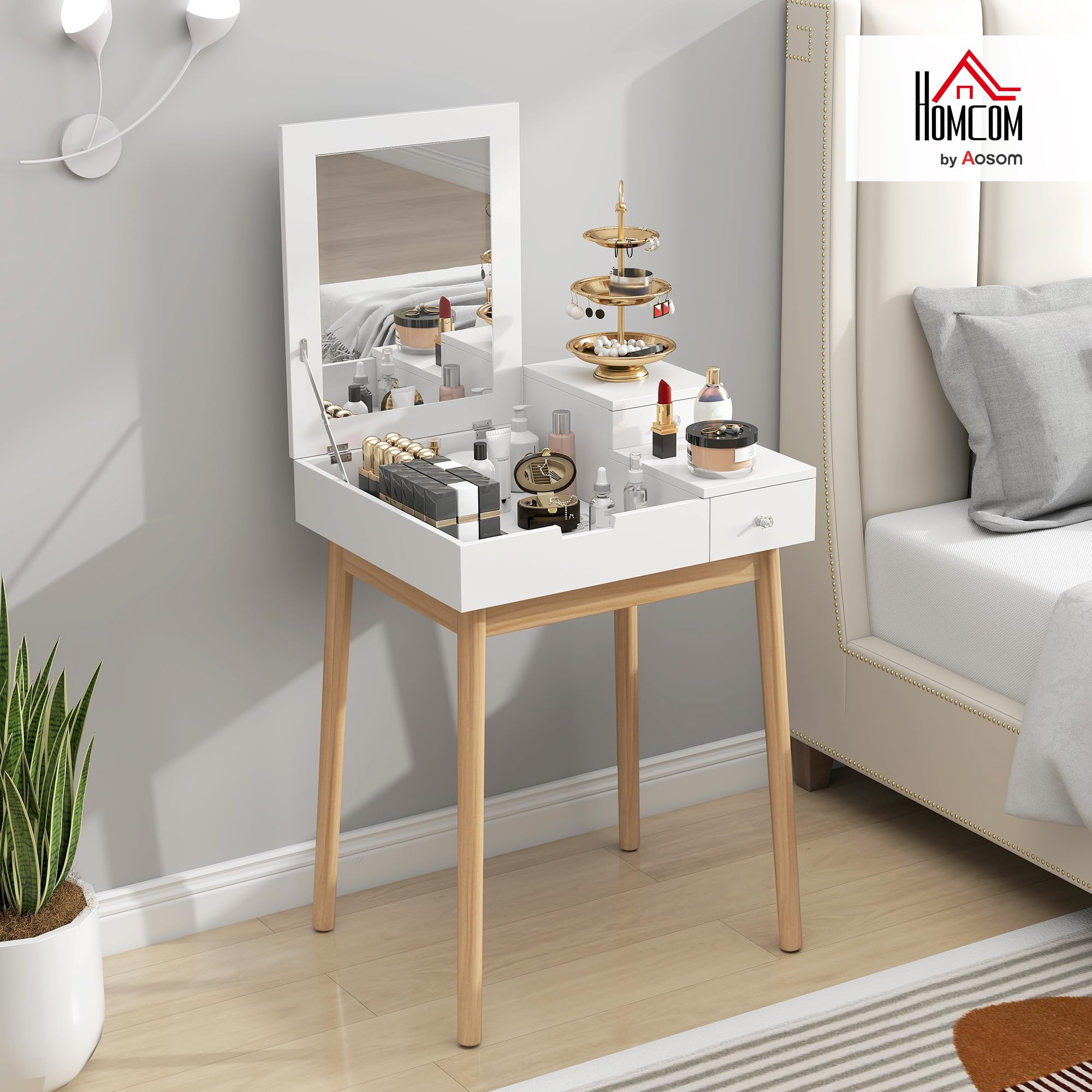 HOMCOM Coiffeuse avec Miroir Table de Maquillage Style Moderne - 2 tiroirs, Miroir Rabattable pour Chambre à Coucher, Salon, 60 x 50 x 85,5 cm Blanc