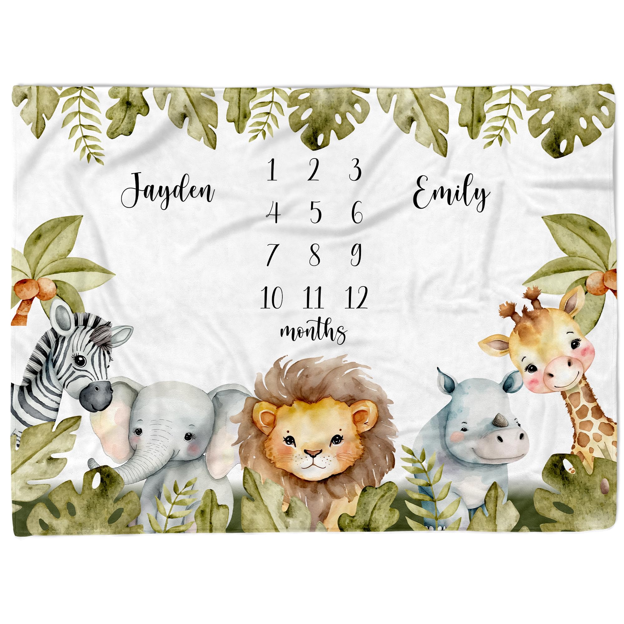 MDPrints Twin Milestone Baby Blanket, Custom Monthly Blankets for Twins Boys and Girls, Customized Gifts with Name (Twin Safari HPDK02)
