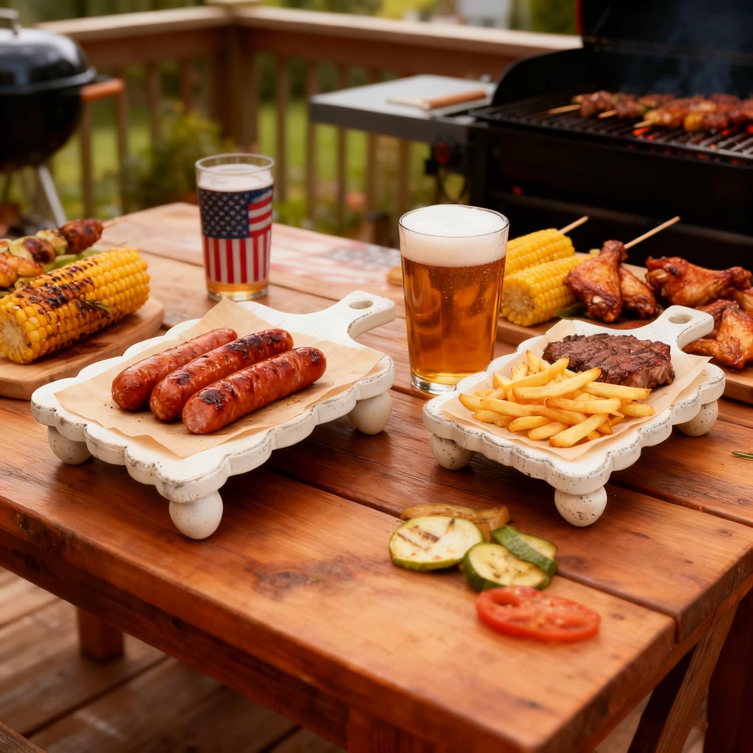 Set of 2 Rustic Wooden Trays Riser- Farmhouse Pedestal Stand with Scalloped Edge Distressed Decor Wood Finish Serving Trays Cupcake Display for Cake and Decorative Items (White)