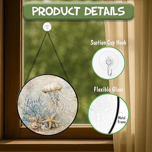 Miniatura 6 de Personalized Name Ocean Themed Suncatcher, Nautical Round Glass Window Hanging Decoration, Gifts for Jellyfish Lovers, Unique Ocean Creatures Sun