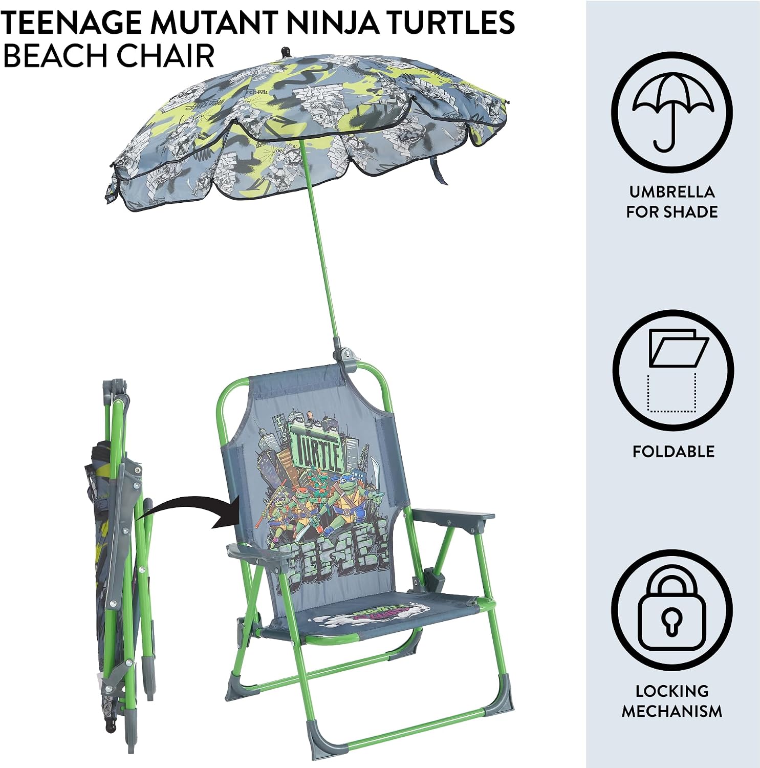 Teenage Mutant Ninja Turtles Kids Outdoor Folding Beach Chair with Umbrella,Portable Camp Chair for Ages 3+, Lightweight & Compact for Beach, Camping, and Backyard