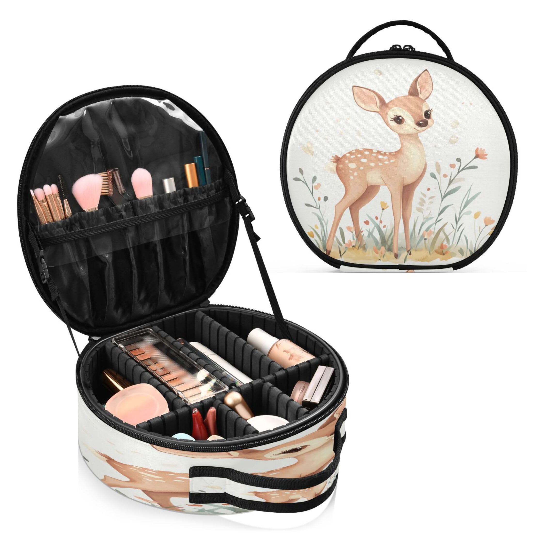 Takiito Cute Deer in The Meadow Travel Makeup Case Portable Makeup Box Artist Cosmetic Case Organizer With Adjustable Dividers