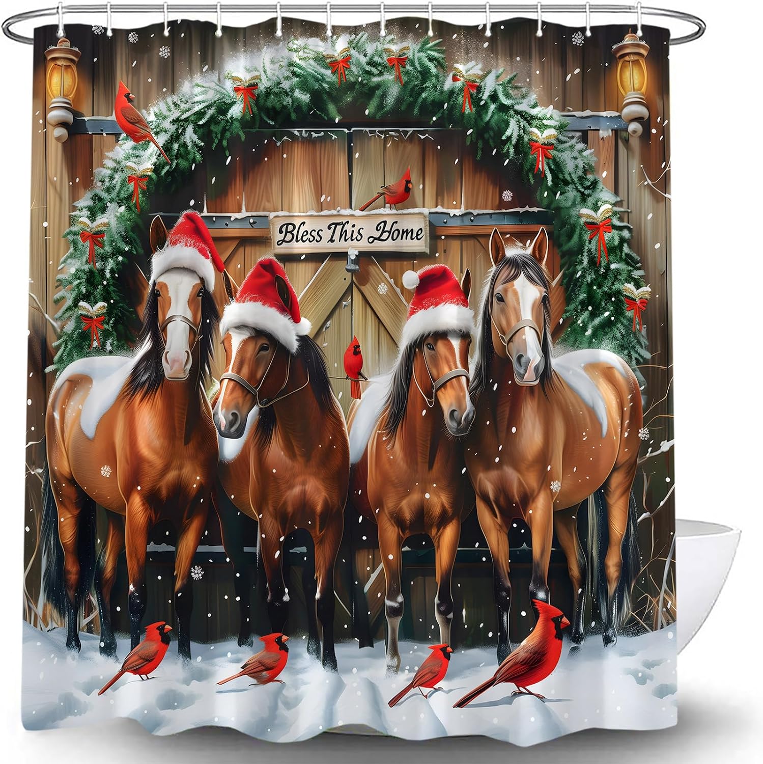 Farmhouse Christmas Horse Shower Curtain Rustic Vintage Brown Animal Wooden Barn Door Christmas Wreath Red Bird Snowy Western Nature Winter Holiday Fabric Bath Curtain Set with Hook