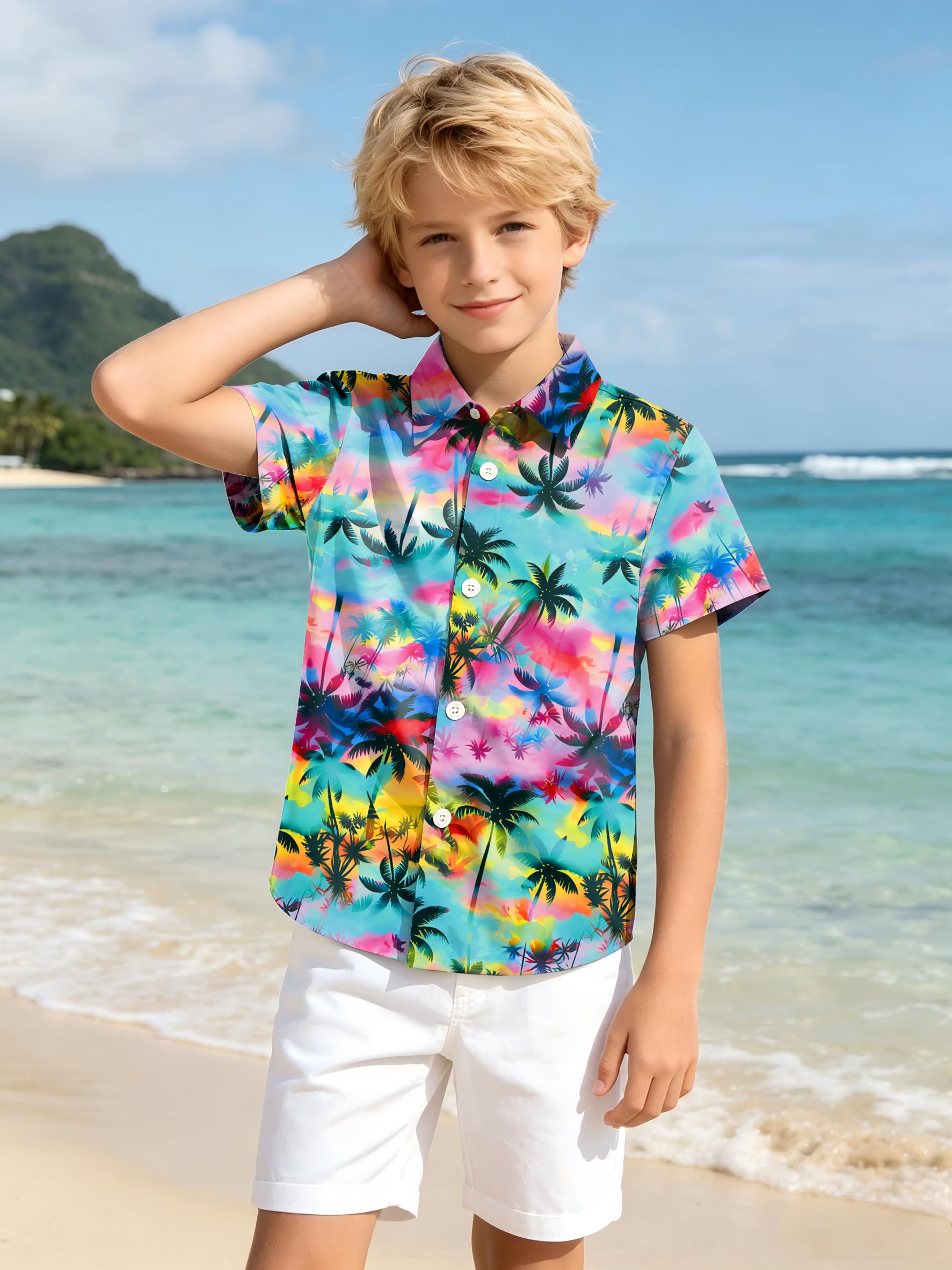 tiorhooe Camicia hawaiana per bambini, con bottoni, per estate, spiaggia, vacanze, maglietta a maniche corte, 5-14 anni