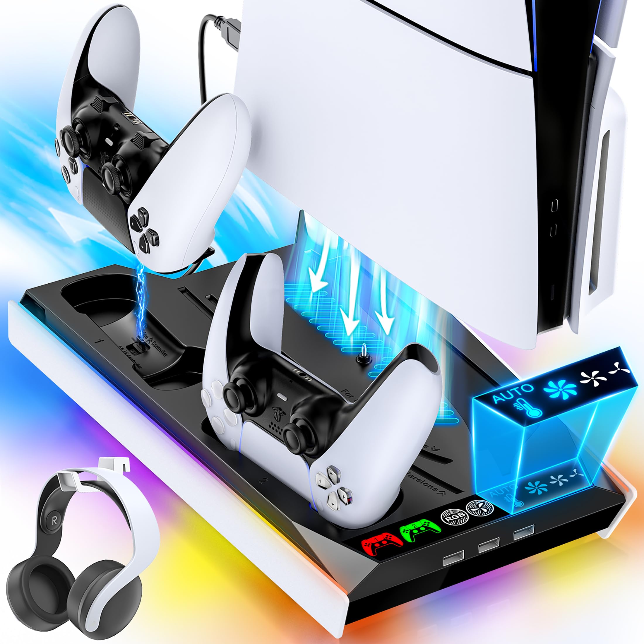 Support de Refroidissement PS5/Slim/Pro avec Ventilateur Automatique 3 Vitesses, Station de Ventilateur Vertical PS5 avec Chargeur de Manette, Base de Refroidissement et d'accessoires PS 5