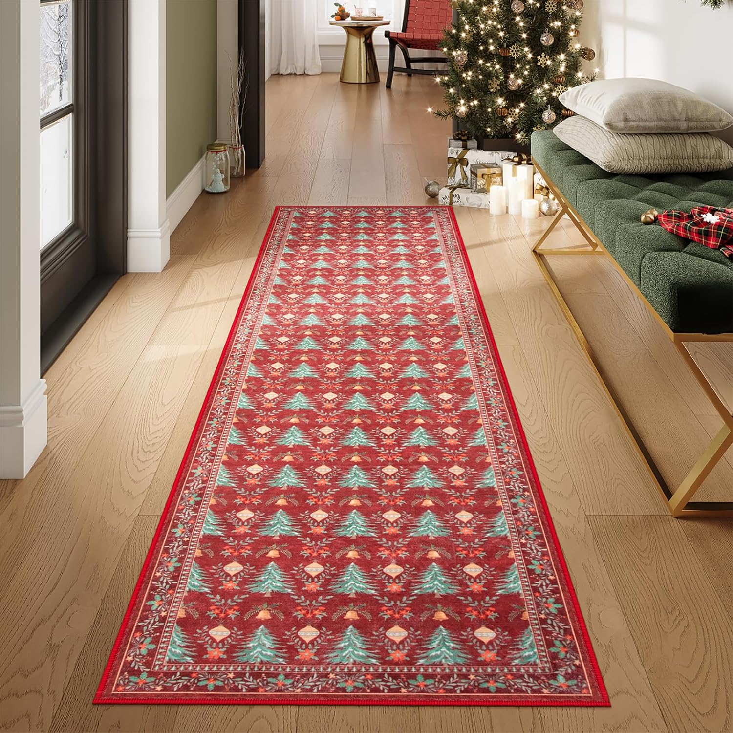 Christmas Runner Rug for Hallway, 2x8 Red Kitchen Rug