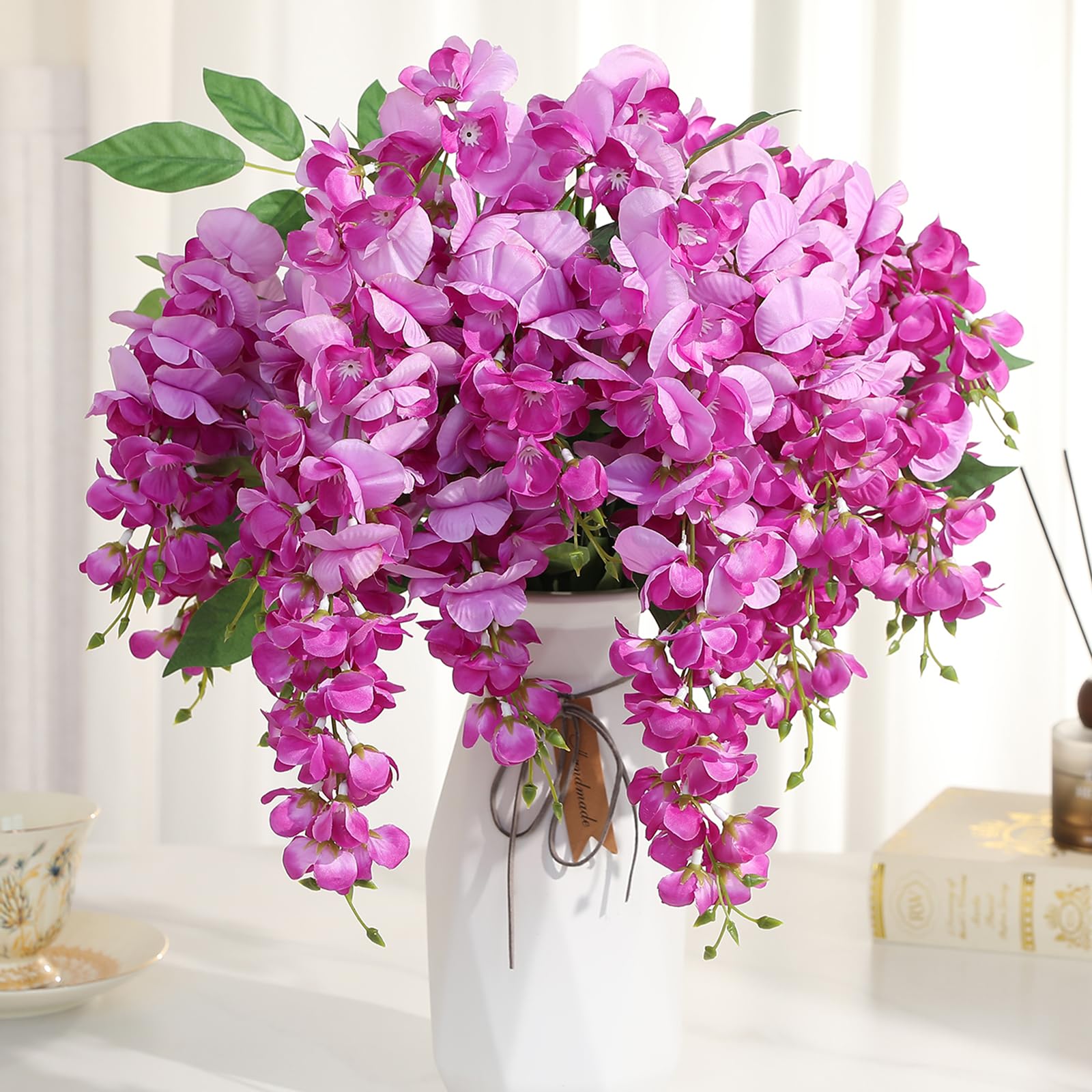 Veryhome Artificial Wisteria Flowers Fake Wisteria Vine Hanging Silk Flowers Bouquets for Wedding Decorations Home Kitchen Garden Party Decor(Purple Fuchsia, 1pcs)