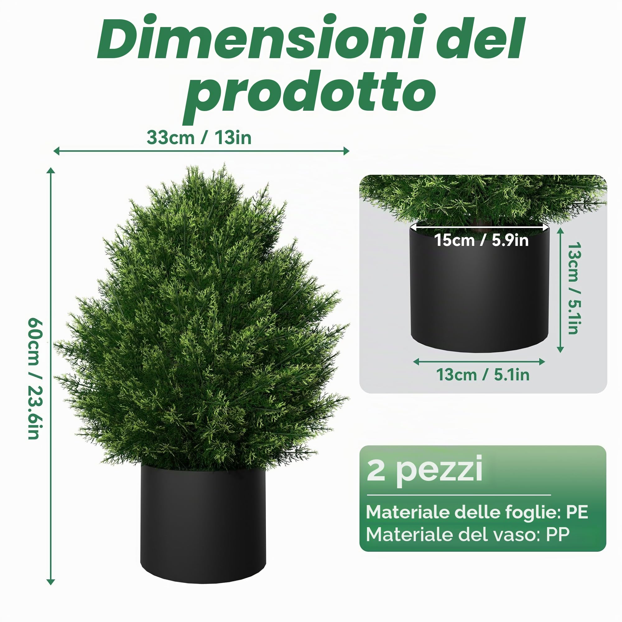 UISEBRT 2 piante artificiali, 60 cm, pianta artificiale protetta dai raggi UV in vaso, pianta decorativa con effetto naturale, per casa, balcone, terrazza, interni ed esterni, piccolo cipresso