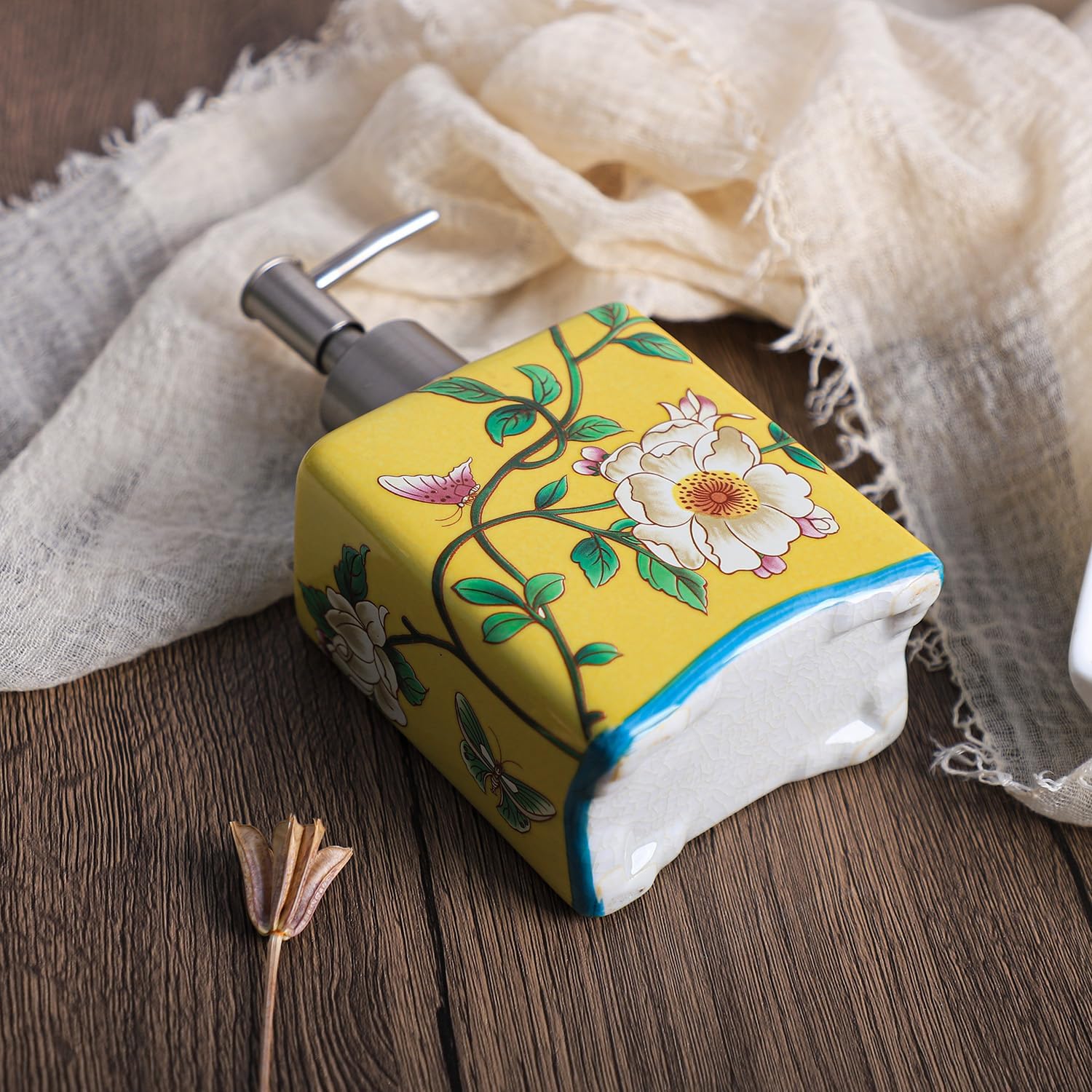 Ceramic Soap Dispenser, Lotion Bottle, Soap Bottle with Removable Pump, Flower Pattern Dispenser for Kitchen Soap, Bathroom Soap, Lotion and Essential Oil-Yellow-13 OZ