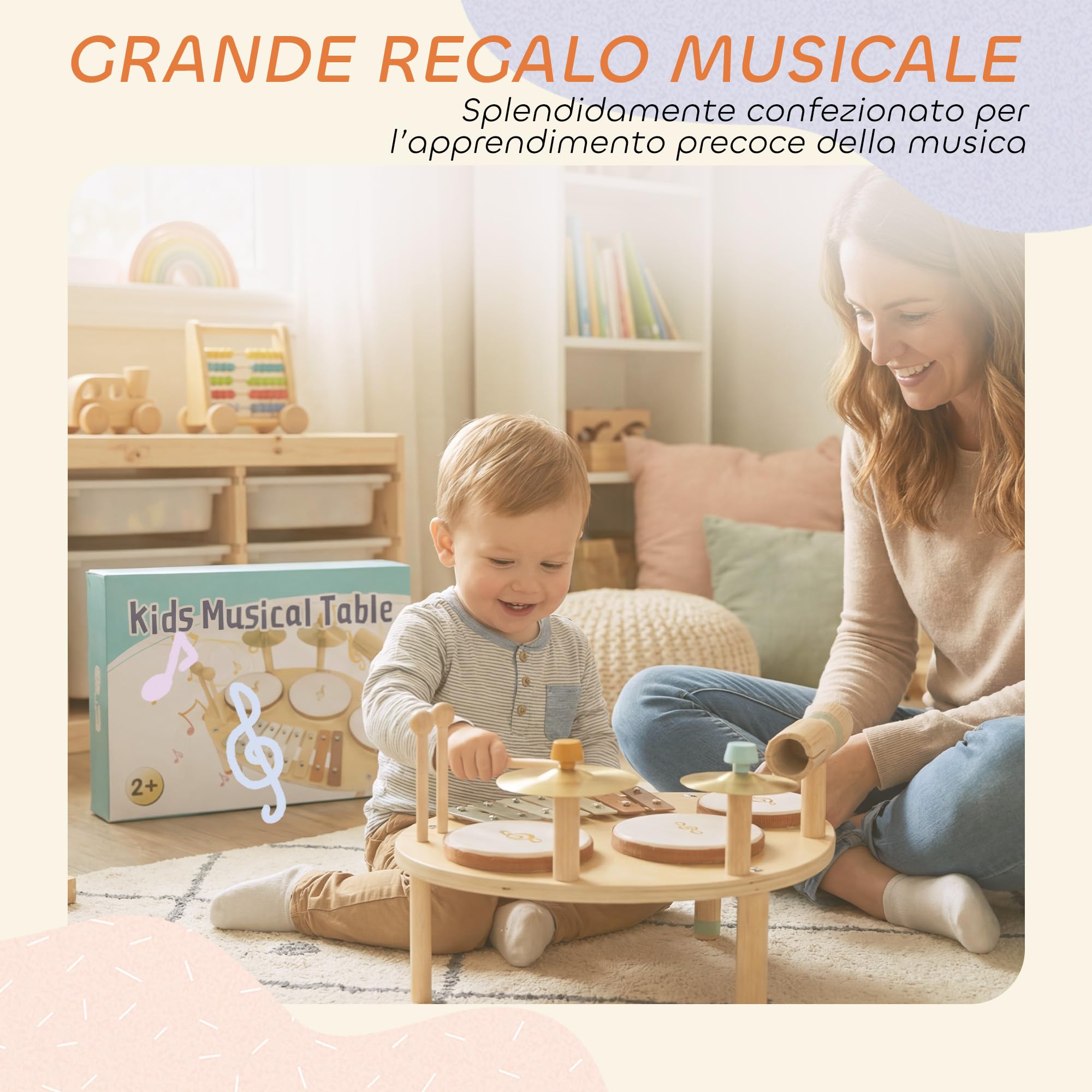AIYAPLAY Set Musicale per Bambini, Strumenti in Legno e Metallo con Tamburi e Xilofono per Età 2+ Anni, Regali Musicali per Bambini e Bambine, Colore Legno Naturale