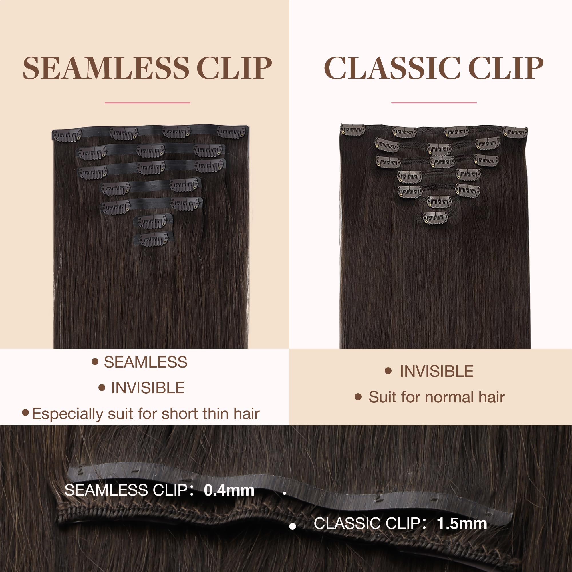 GOO GOO Seamless Clip in Human Hair Extensions, 14inch 110g 7pcs, Hair Extensions Clip in, 2A Light Brown - Image 4