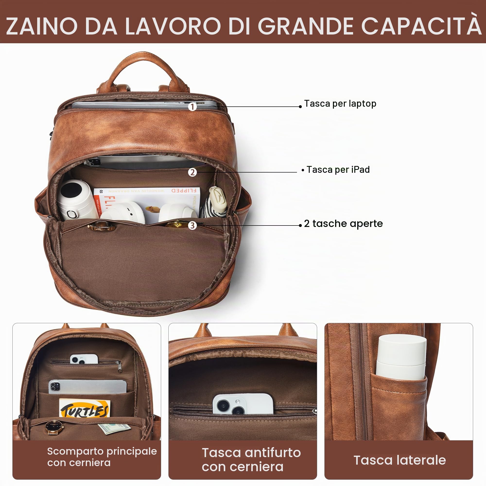 Zaino per computer portatile da 15,6 pollici, alla moda, in pelle, per viaggi, università, lavoro