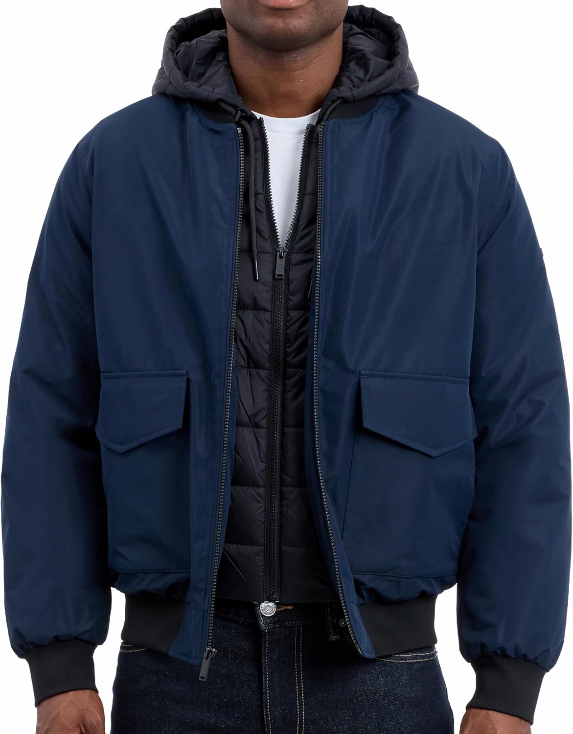 Michael Kors mens Puffer Bomber Jacket for Men With Insulating Vest-style Bib, Extra Warm Bomber for Cold Weather